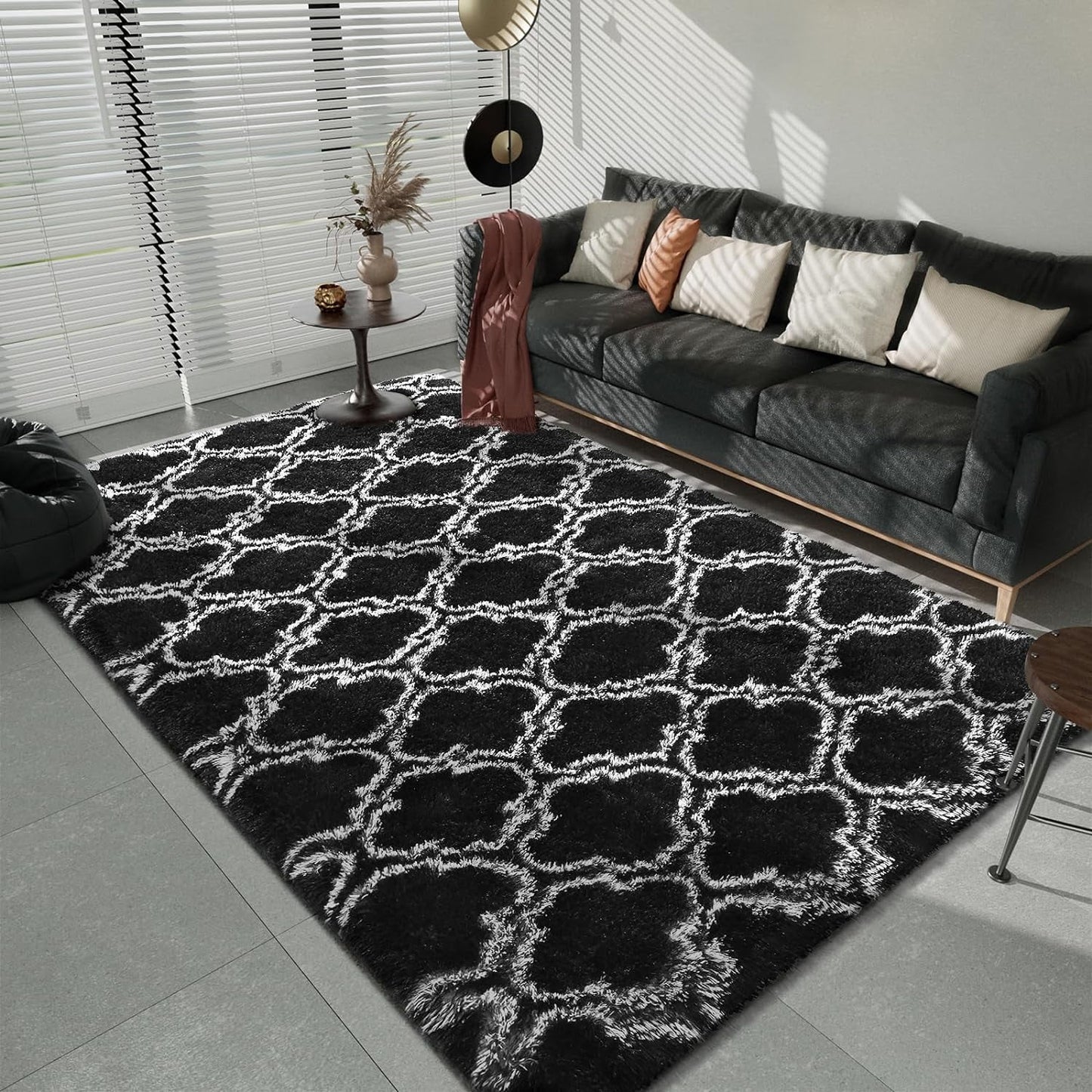 Shag Area Rug Geometric Plush Fluffy Rugs Soft Moroccan Carpet for Bedroom Living Room Floor Mat Home Decor,4X6Ft,Black/White