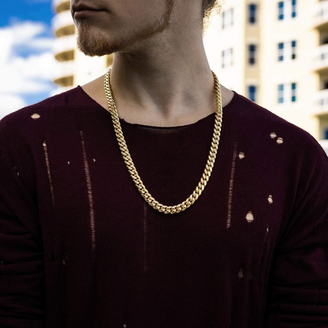 316L Stainless Steel Miami Cuban Link Chain 14K or White REAL Gold Plated Hip Hop Necklace or Bracelet 8Mm-18Mm for Men Women(Custom Box and Pouch Packing, Christmas Gift)