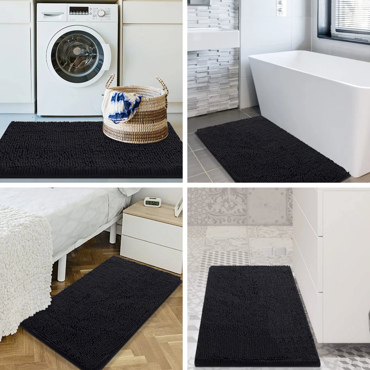 Luxury Chenille Bathroom Rugs, Extra Soft and Absorbent Bath Mat, Black, 24"X47"