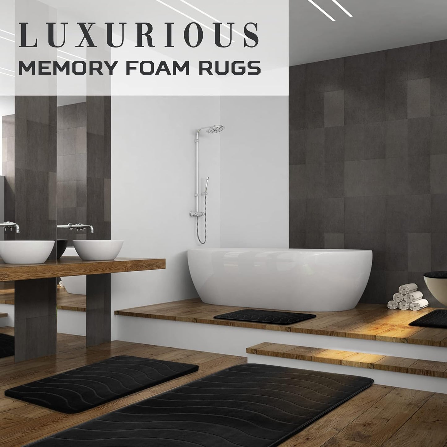 5-Piece Bathroom Rug Set - Memory Foam Bath Mat, Non-Slip, Machine Washable, Ultra-Soft, Water Absorbent, Black