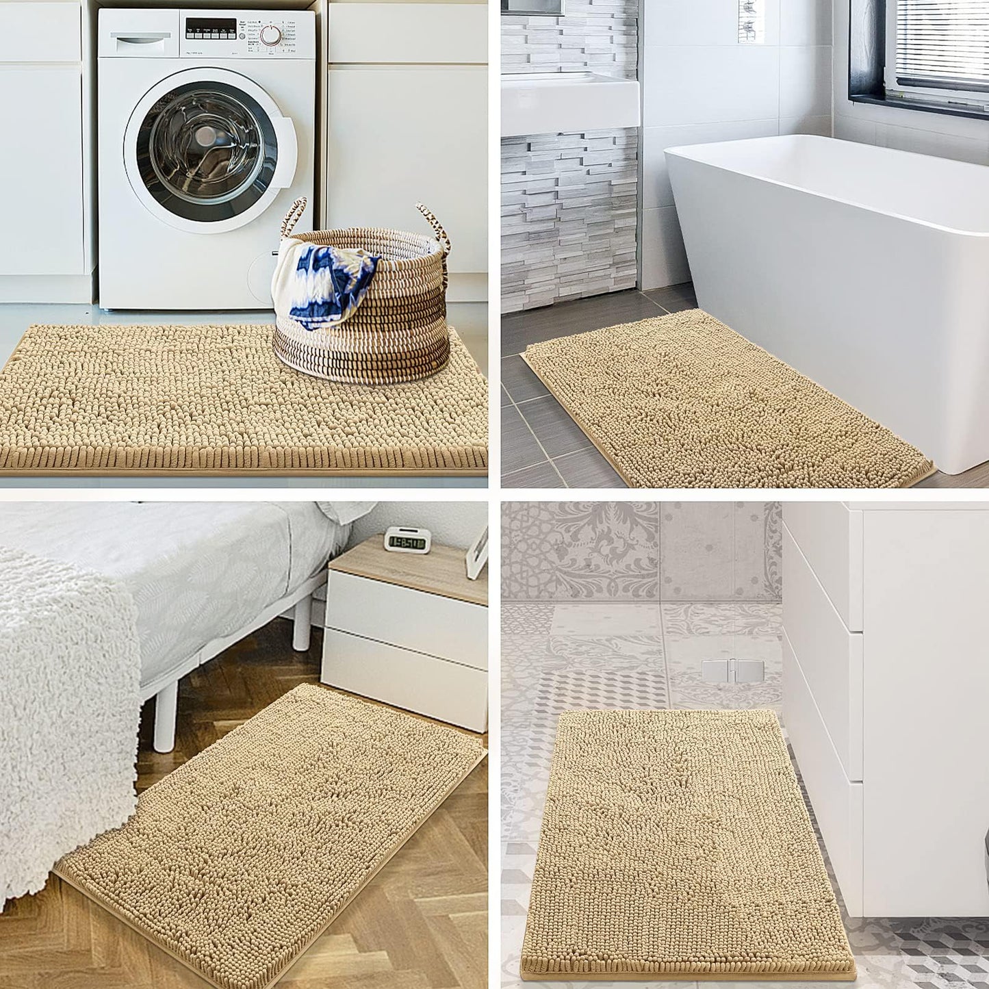 Luxury Chenille Bathroom Rugs, Extra Soft and Absorbent Bath Mat, Beige, 17"X47"