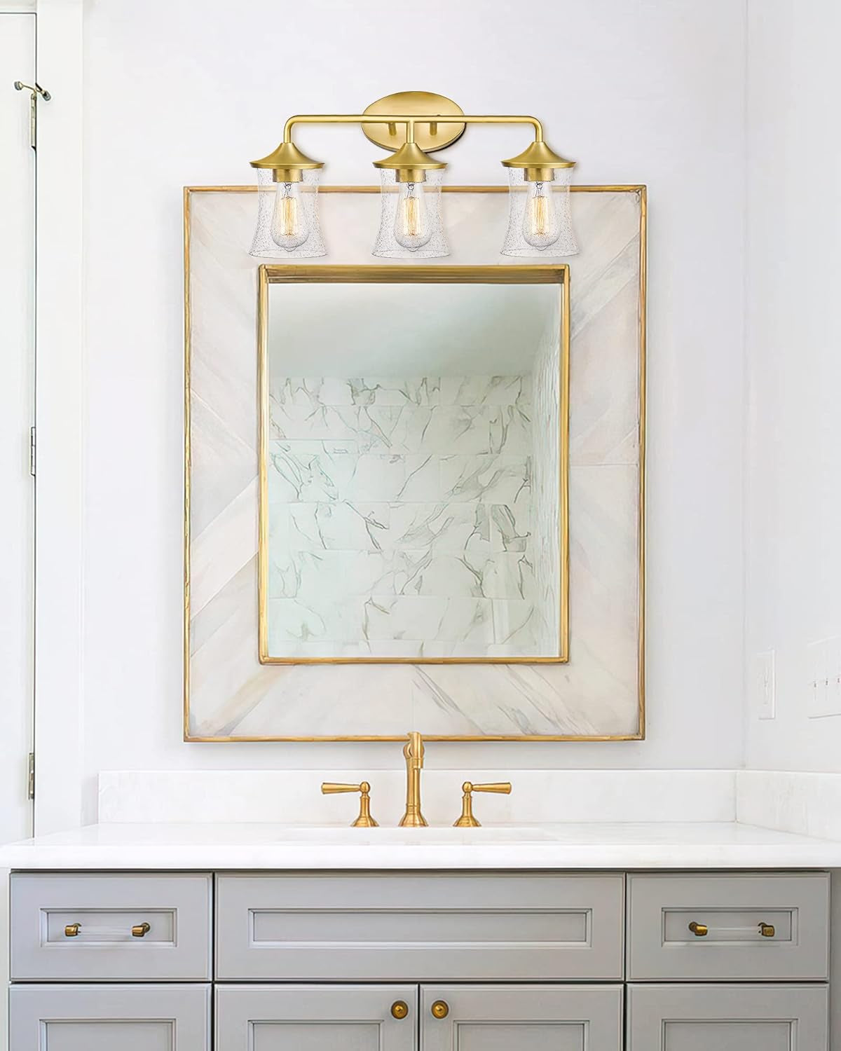 Brushed Gold Bathroom Light Fixtures, Vanity Lights for Bathroom with Seeded Glass Shade for Bathroom