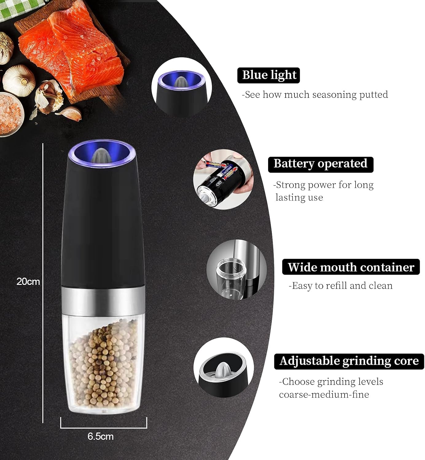 Electric Salt and Pepper Grinder Set,Electric Pepper Grinder Battery Operated,Gravity Salt and Pepper Grinder Set,Adjustable Coarseness with Blue Light Pack of 2 Black(Batteries Not Included)
