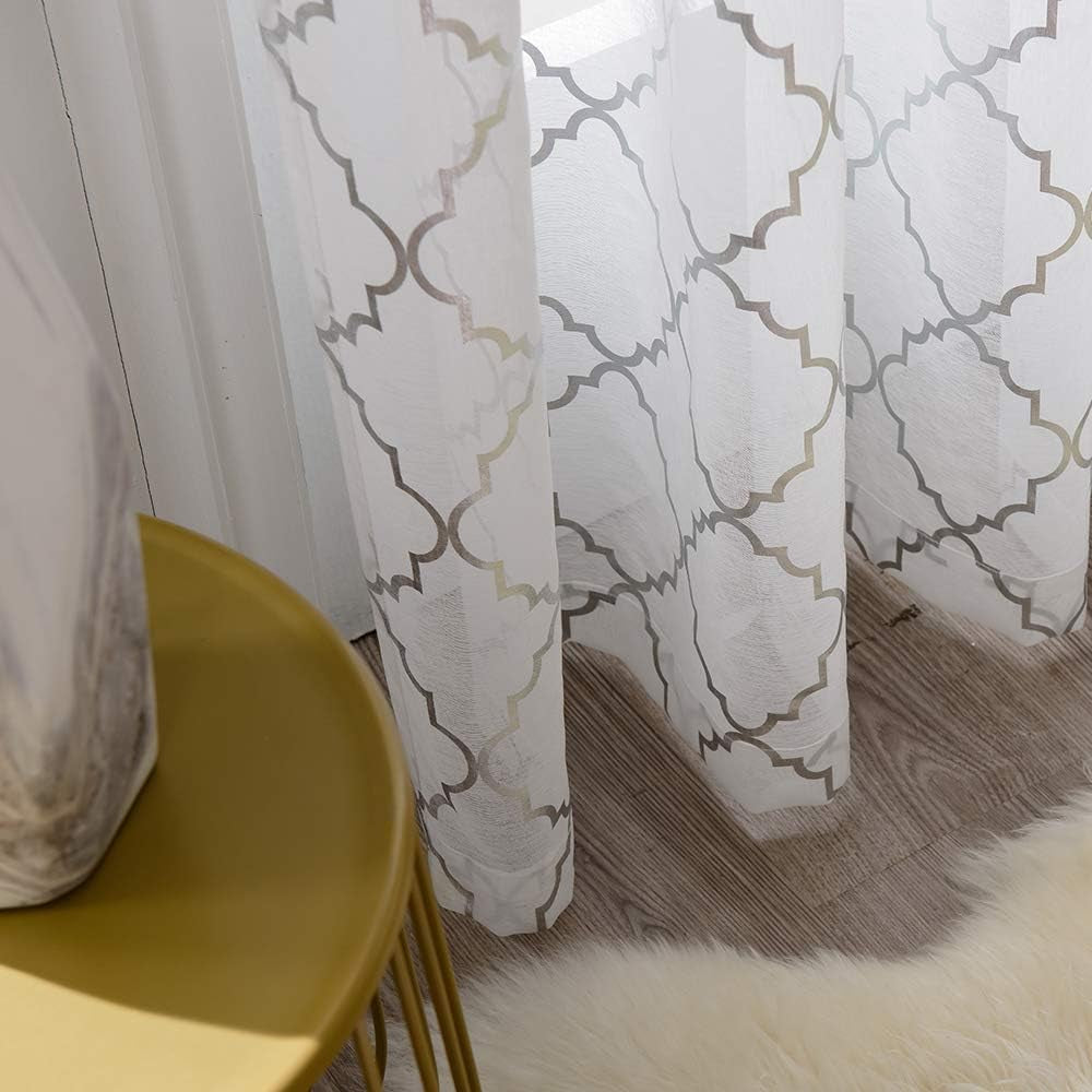 White and Silver Sheer Curtains 84 Inches Long Rod Pocket Moroccan Shiny Metallic Print Voile for Living Room 2 Panel W52 X L84 Inches