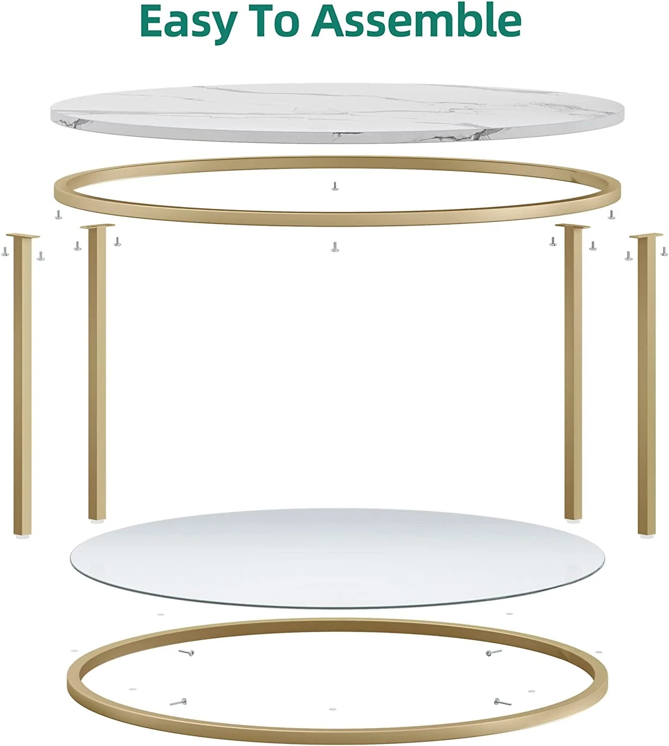 Dexturs 2-Tier round Coffee Table Marble Center Cocktail Table with Glass Open Storage Shelf, White