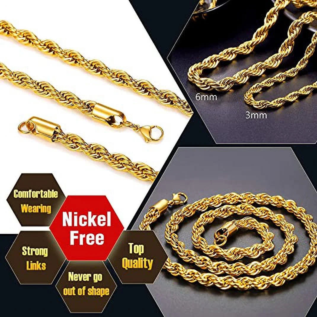 Men Necklace 18K Gold Plated Replacement Rope Chain for Men Gift 6Mm 20Inches 316L Stainless Steel