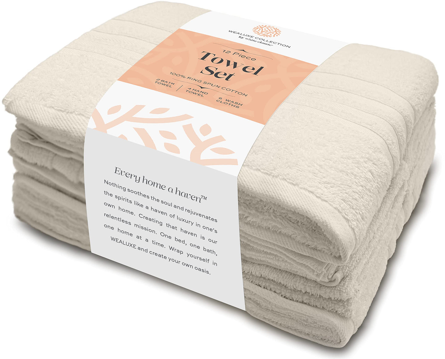 12 Piece Bath Towel Set for Bathroom - Wealuxe Collection 2 Bath Towels, 4 Hand Towels, 6 Washcloths 100% Cotton Soft and Plush Highly Absorbent, Soft Towel for Hotel & Spa - Ivory