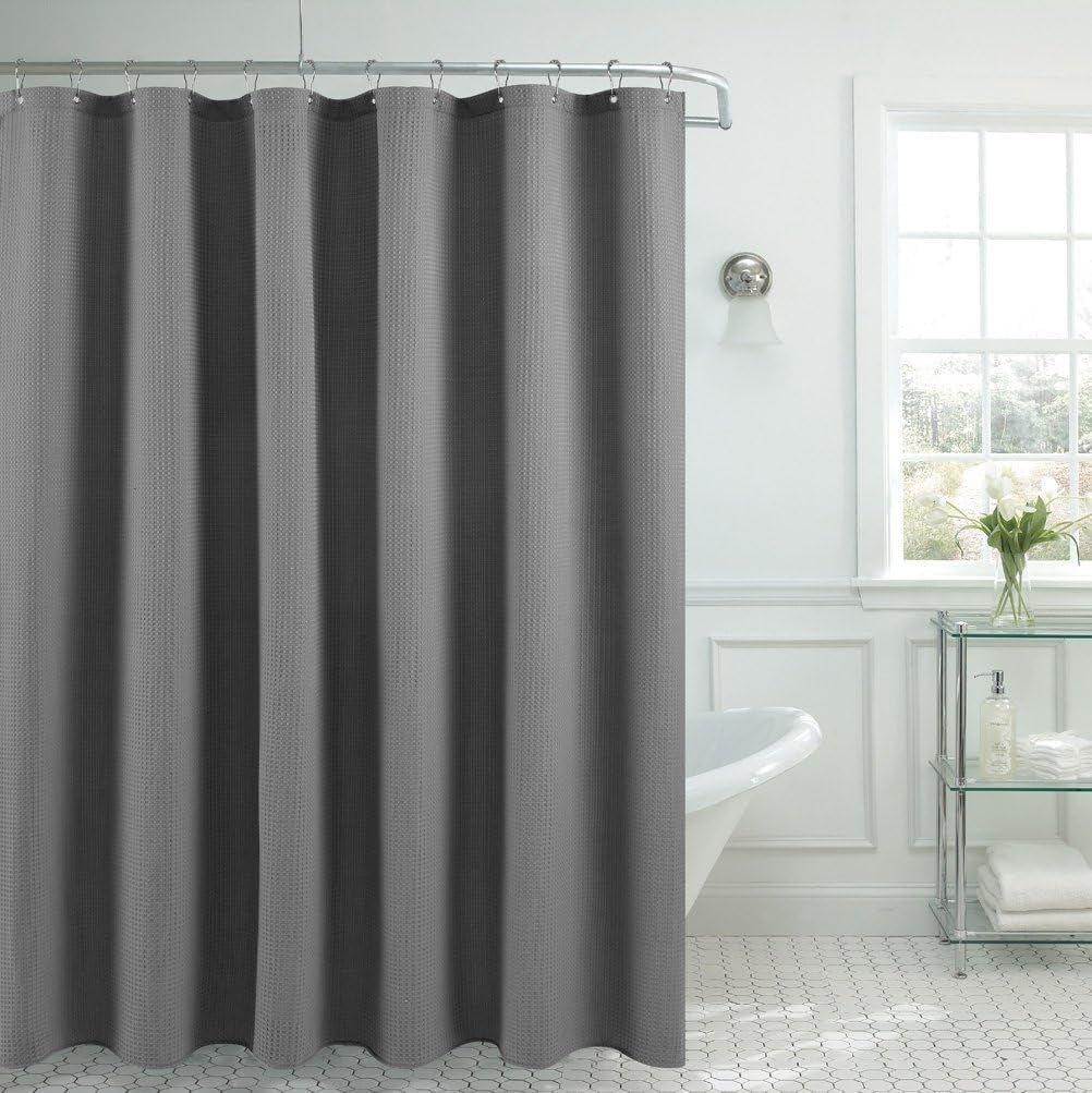 Long Fabric Waffle Weave Shower Curtain 75 Inch Height, Hotel Luxury Spa, 230 GSM Heavy Duty, Water Repellent, Machine Washable, Gray Pique Pattern, 71X75
