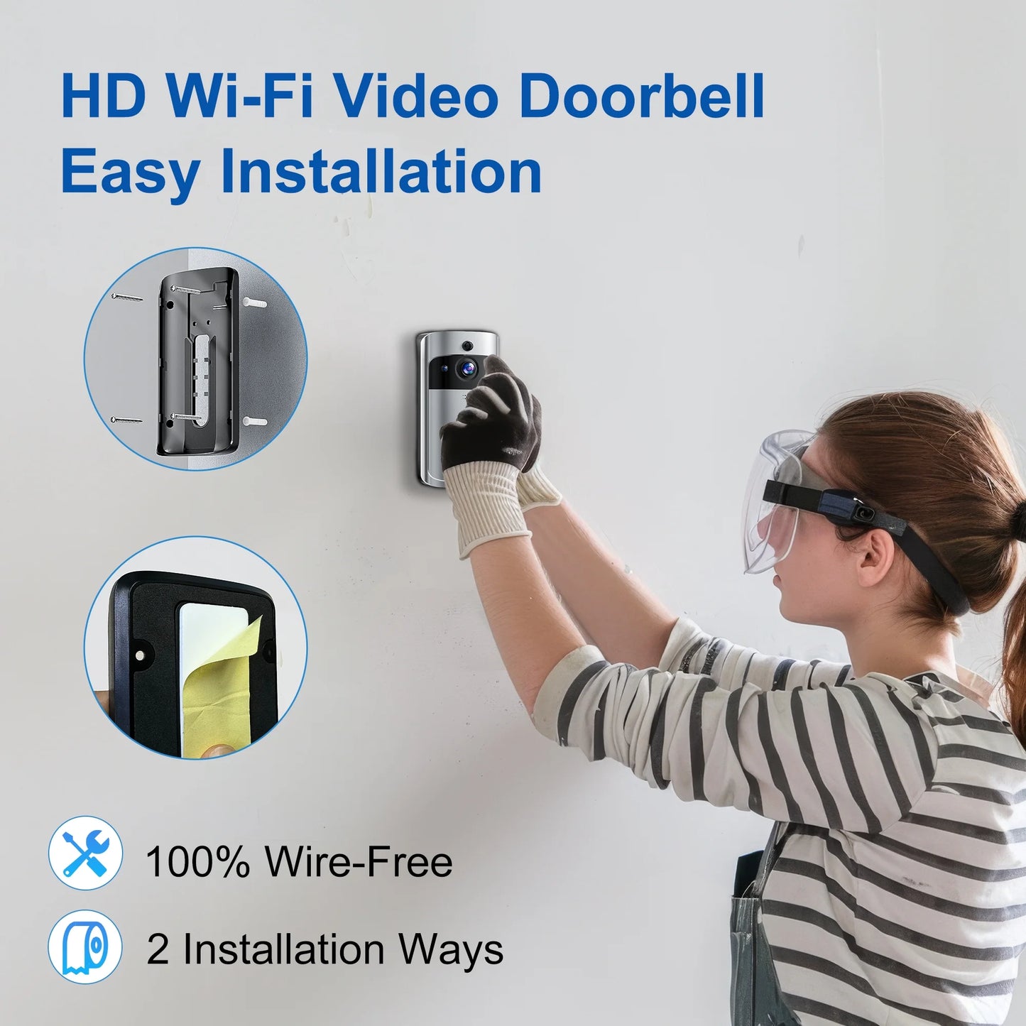 Doorbell Camera Wireless , 1080P Video Doorbell with Chime, Front Door Camera, 2-Way Audio, Instant Alert,Pir Motion Detection,Night Vision,Battery-Powered Smart Doorbell