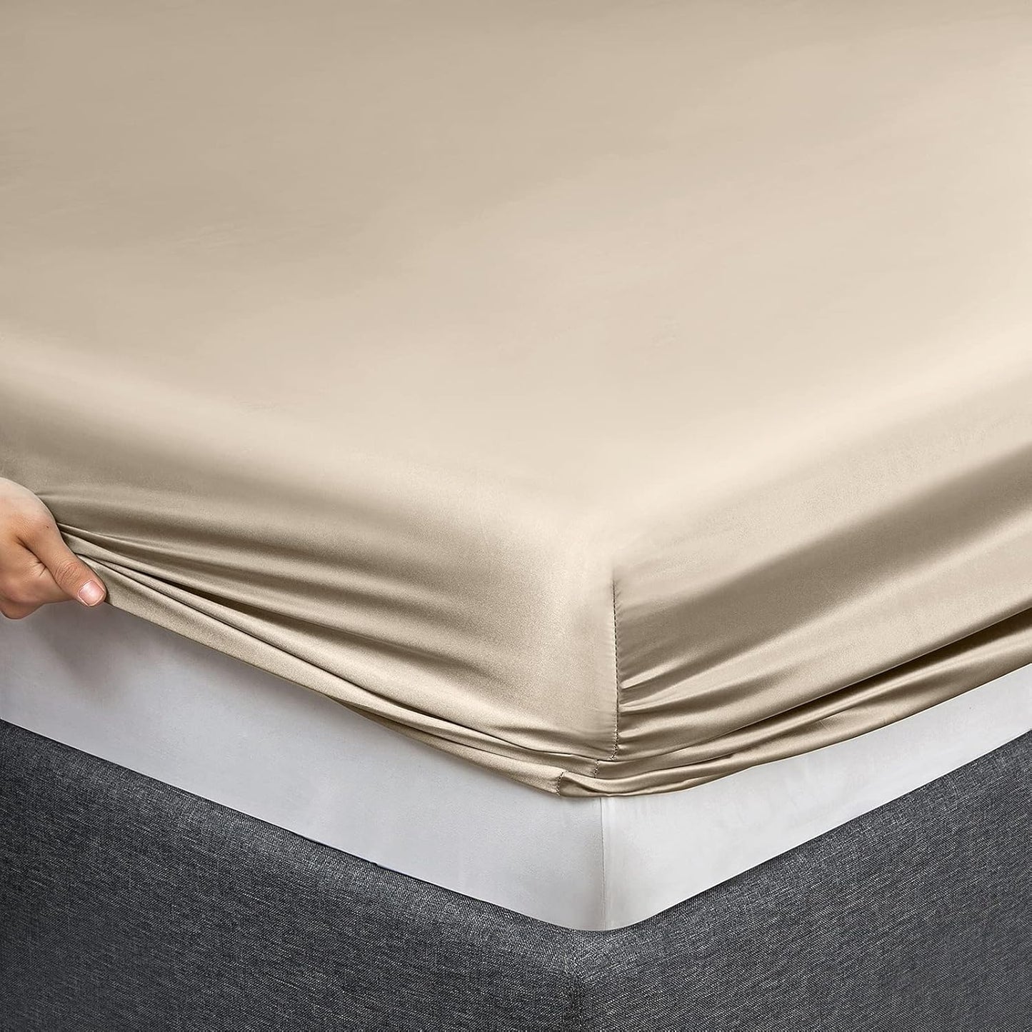Satin Sheets Queen Size Silky Soft Satin Bed Sheets Taupe Satin Sheet Set, 1 Deep Pocket Fitted Sheet + 1 Flat Sheet + 2 Pillowcases