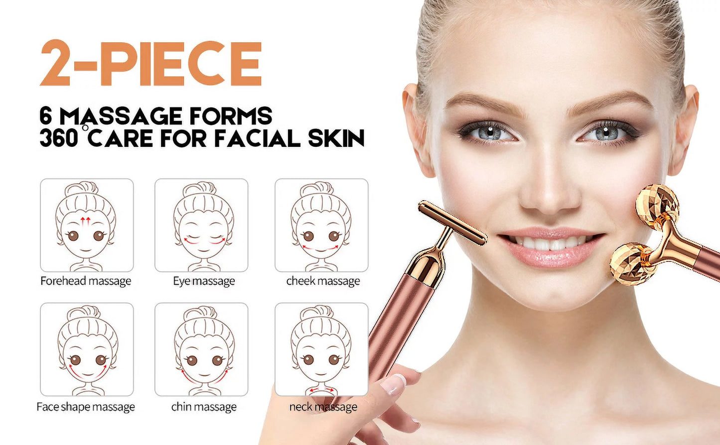 5-In-1 24K Gold Beauty Bar Face Massager Electric Vibrating Rose Quartz 3D Roller Face Lifting Body Facial Gua Sha Jade Roller