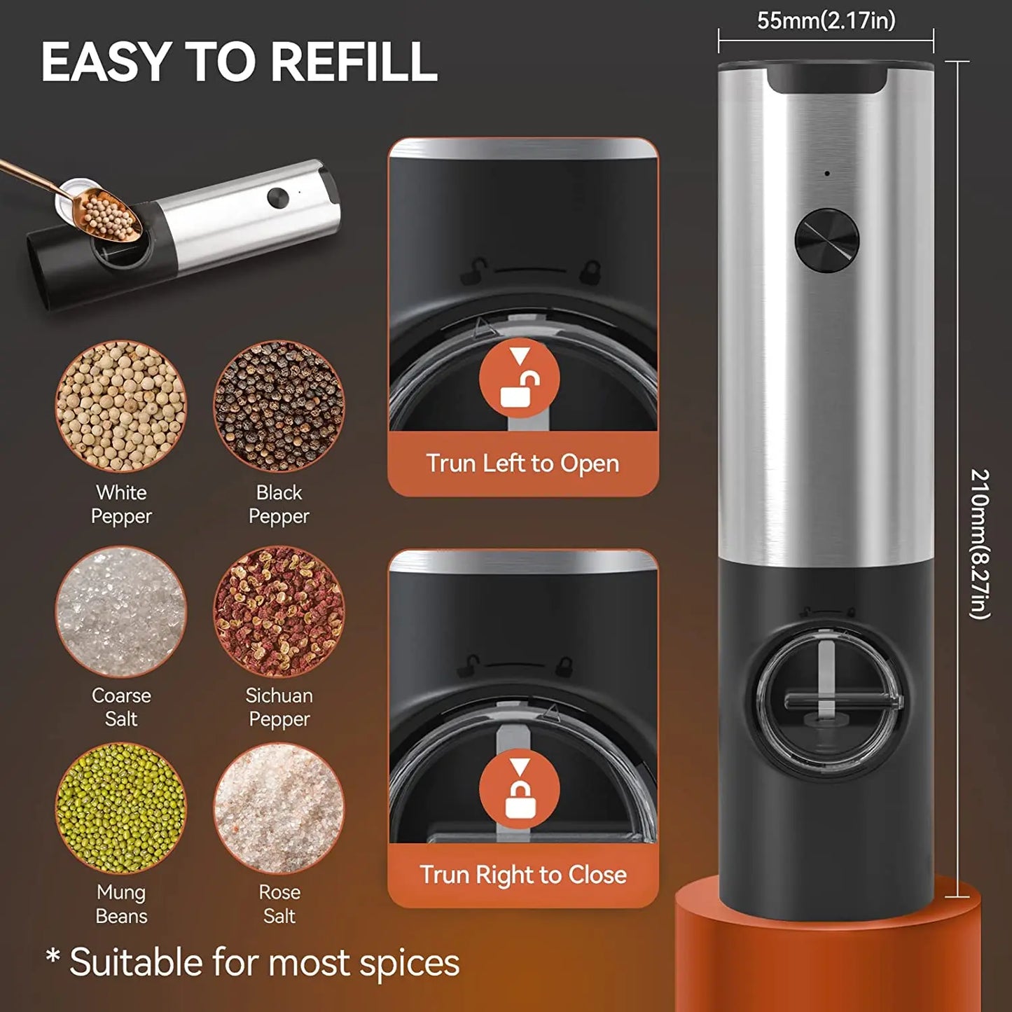 Usb Rechargeable Electric Salt and Pepper Grinder with Adjustable Coarseness Refillable Mill Battery Powered Kitchen Gadget