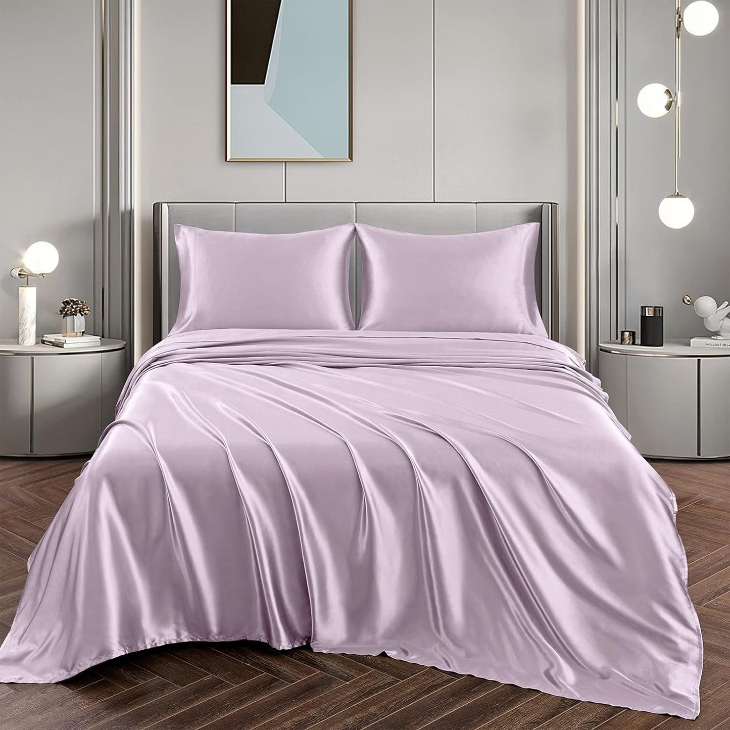 Satin Sheets Full Size Set - Luxury Lavender Satin Sheet Set, Fitted with Deep Pockets + Flat Sheet + 2 Pillowcases