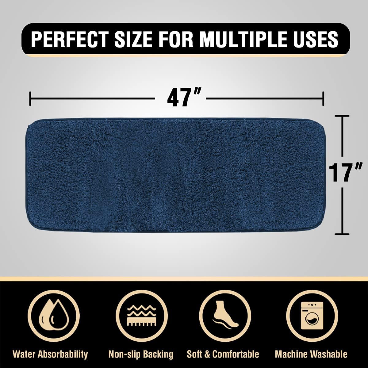 Bathroom Rug Tufted Bath Rug Bath Mat Non Slip Area Rug 47" X 17" Extra Soft Thick Absorbent Shaggy Kitchen Rug Indoor Mat Microfiber Bath Mat for Bathroom Fast Dry - Navy