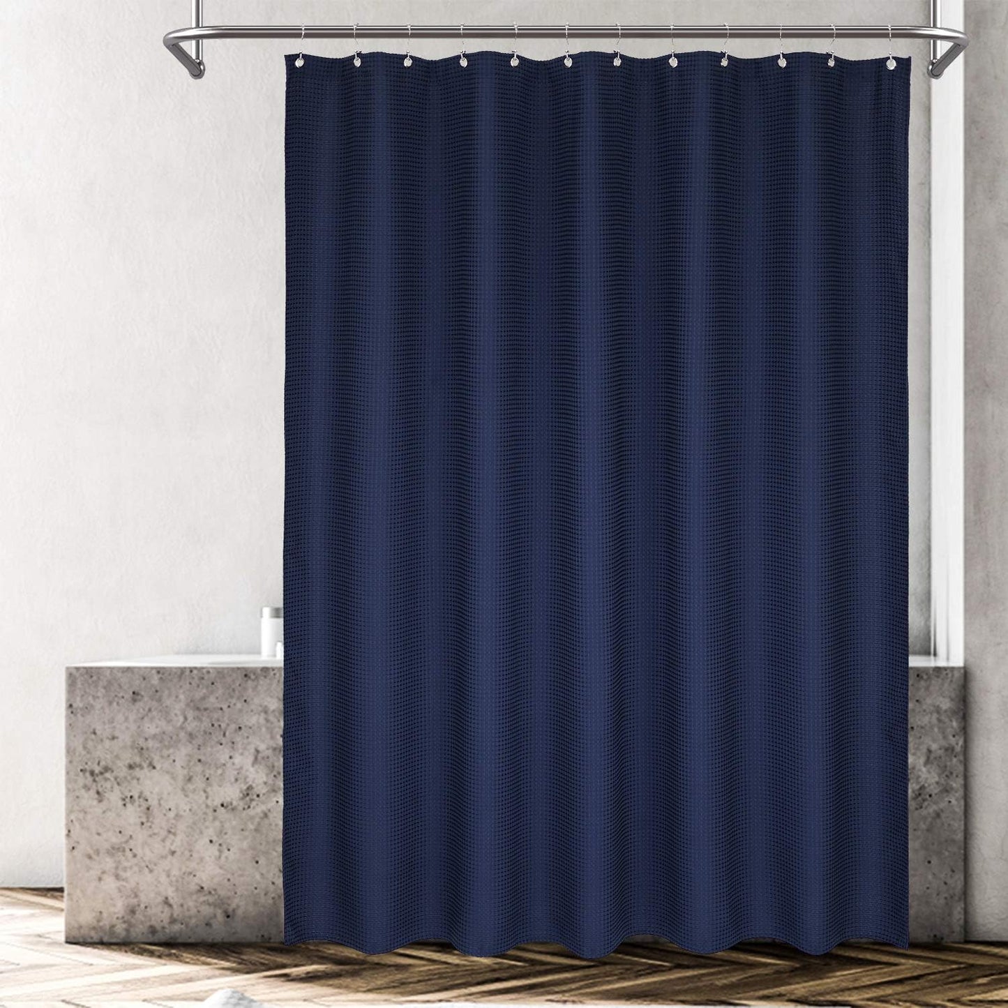 Waffle Weave Shower Curtain Hotel Luxury Spa, 230 GSM Heavy Duty Fabric, Water Repellent, Navy Blue, 71X72 Inch