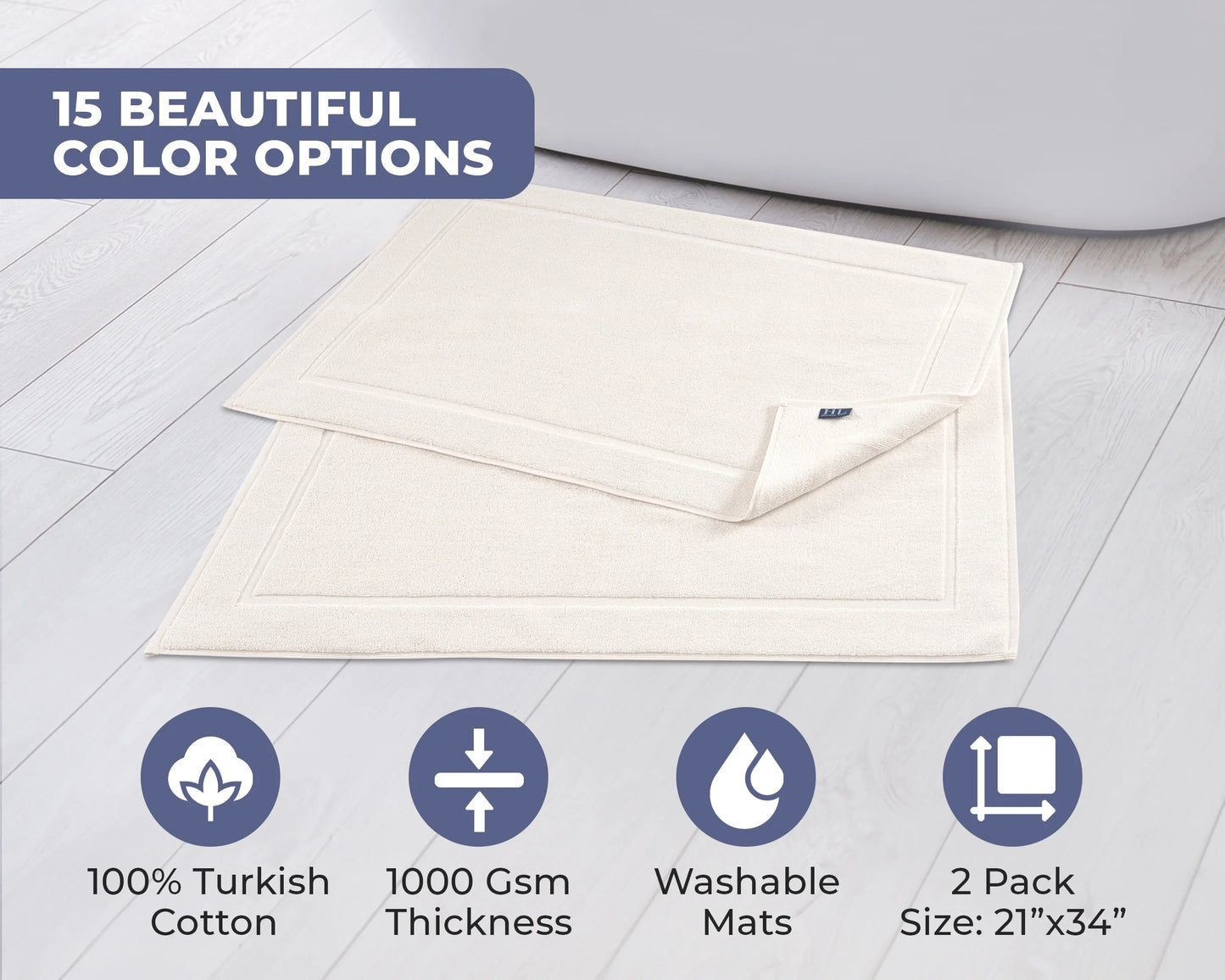 Cream Bath Mats, 21 X 34 Inches, Pack of 2 - 100% Ring Spun Cotton, Banded Design, Highly Absorbent, Machine Washable for Bathroom Floor