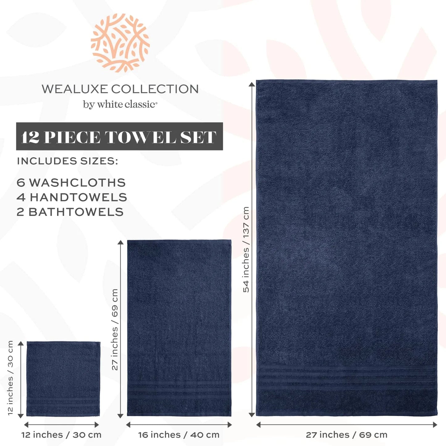 12 Piece Bath Towel Set for Bathroom - Wealuxe Collection 2 Bath Towels, 4 Hand Towels, 6 Washcloths 100% Cotton Soft and Plush Highly Absorbent, Soft Towel for Hotel & Spa - Navy