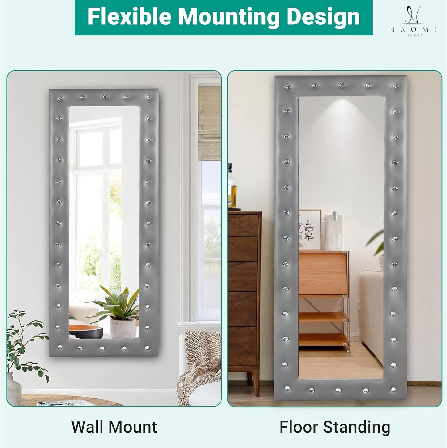 Crystal Tufted Floor Mirror Full Length, 63" LX22 W Wall Mirror, Standing Mirror,Wall Mirror with Faux Wood Frame, Full Length Mirrors for Bedroom - Gray