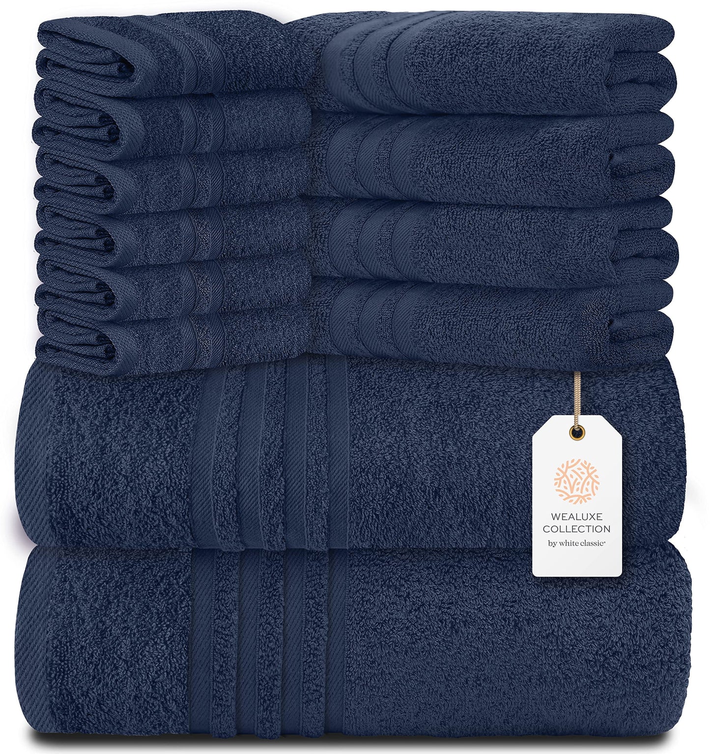 12 Piece Bath Towel Set for Bathroom - Wealuxe Collection 2 Bath Towels, 4 Hand Towels, 6 Washcloths 100% Cotton Soft and Plush Highly Absorbent, Soft Towel for Hotel & Spa - Navy