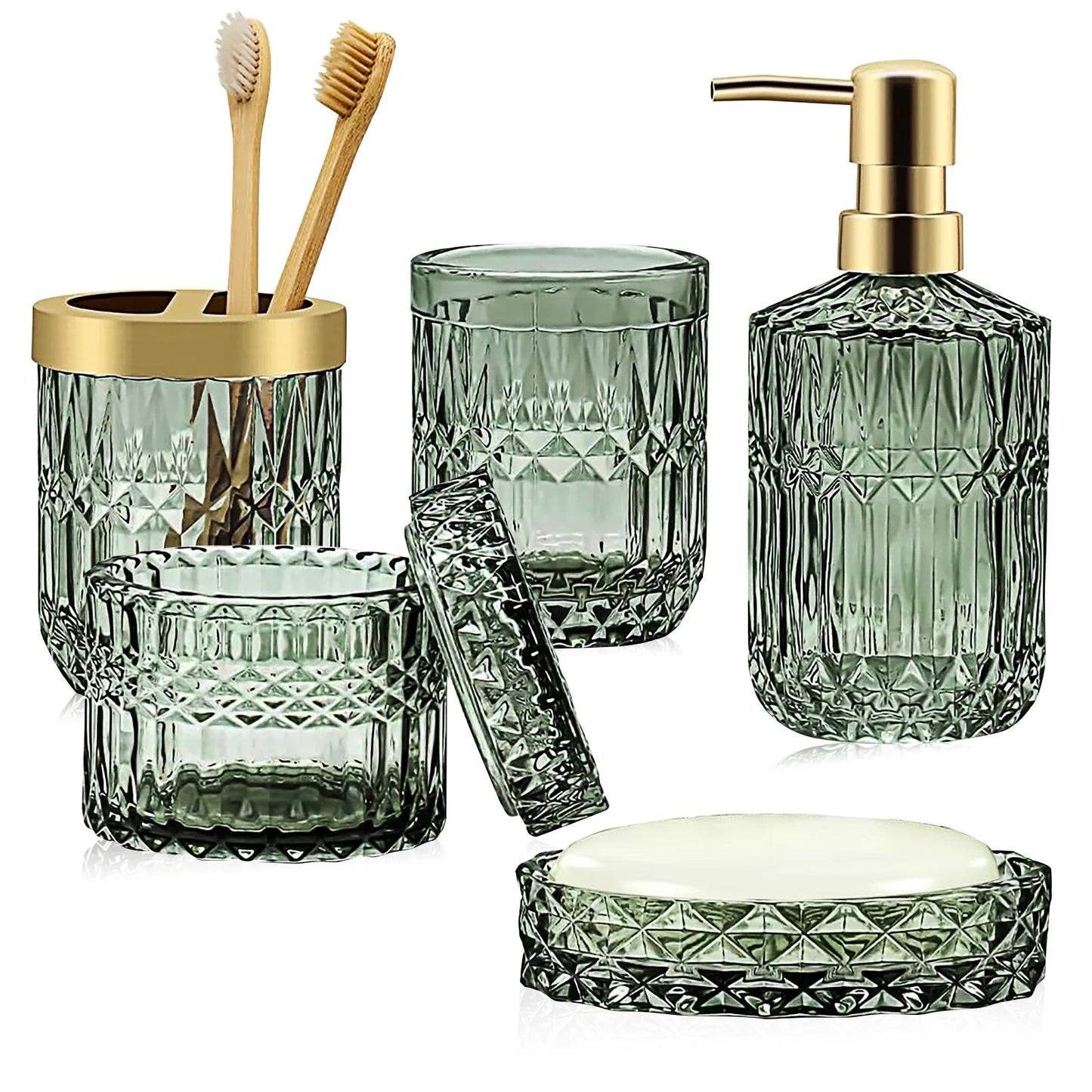 5Pcs Bathroom Accessories Set, Modern Glass Bathroom Accessories with Lotion Soap Dispenser, Soap Dish, Toothbrush Holder, Tumbler, Cotton Swab Jars, Perfect for Bathroom Theme Gift,Green