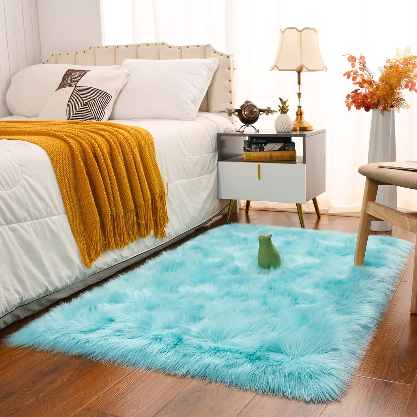 Fluffy Faux Fur Sheepskin Rugs Luxurious Wool Area Rug for Kids Room Bedroom Bedside Living Room Office Home Decor Carpet (3Ft X 5Ft, Light Blue)