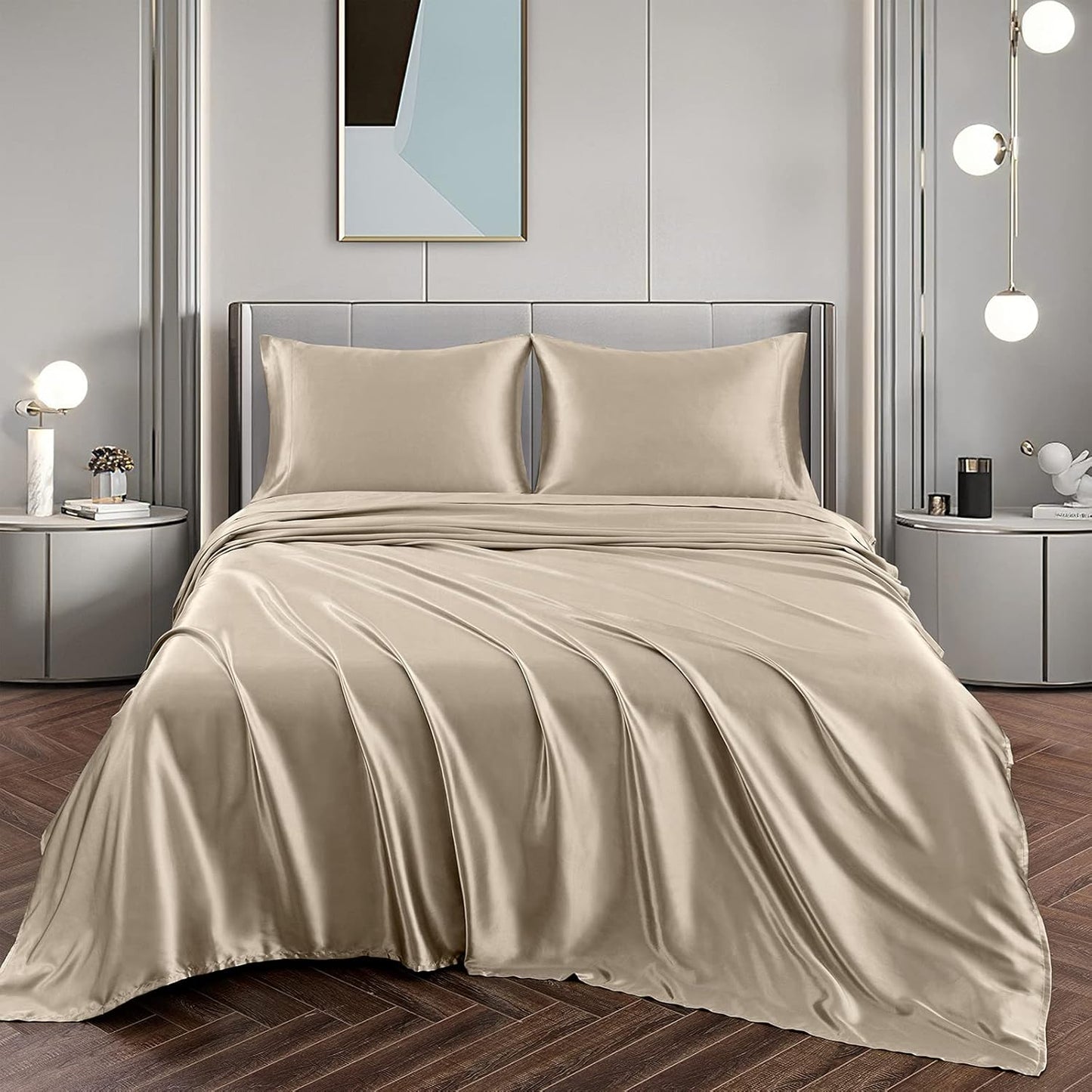 Satin Sheets Queen Size Silky Soft Satin Bed Sheets Taupe Satin Sheet Set, 1 Deep Pocket Fitted Sheet + 1 Flat Sheet + 2 Pillowcases
