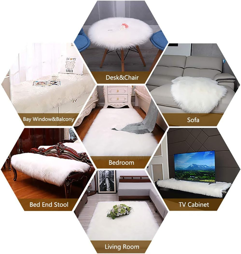 Fluffy Faux Fur Sheepskin Rugs Luxurious Wool Area Rug for Kids Room Bedroom Bedside Living Room Office Home Decor Carpet (3Ft X 5Ft, White)