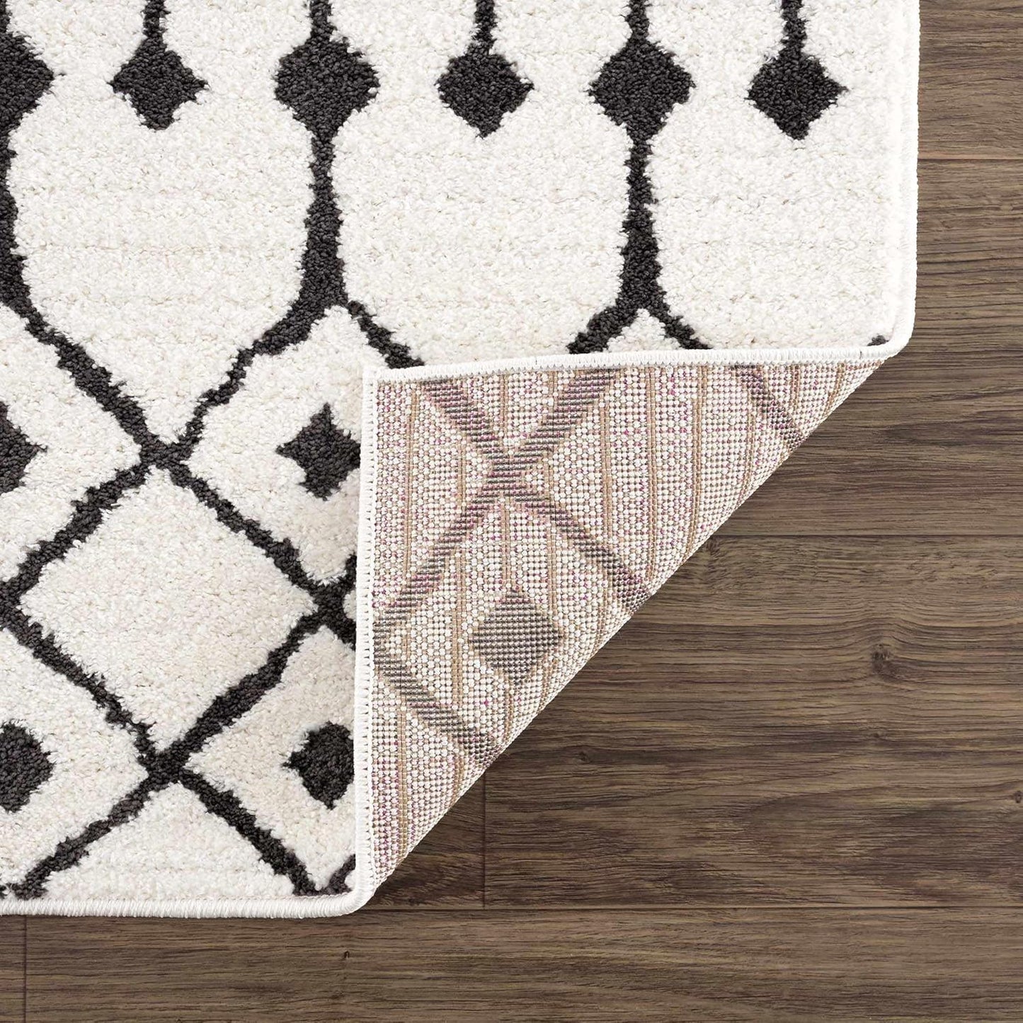 Ringwood Boho Moroccan Geometric Shag Area Rug for Living Room, Bedroom, Dining Room - Bohemian, Transitional - High Pile - Black and White, Charcoal - 8' 10" X 12'