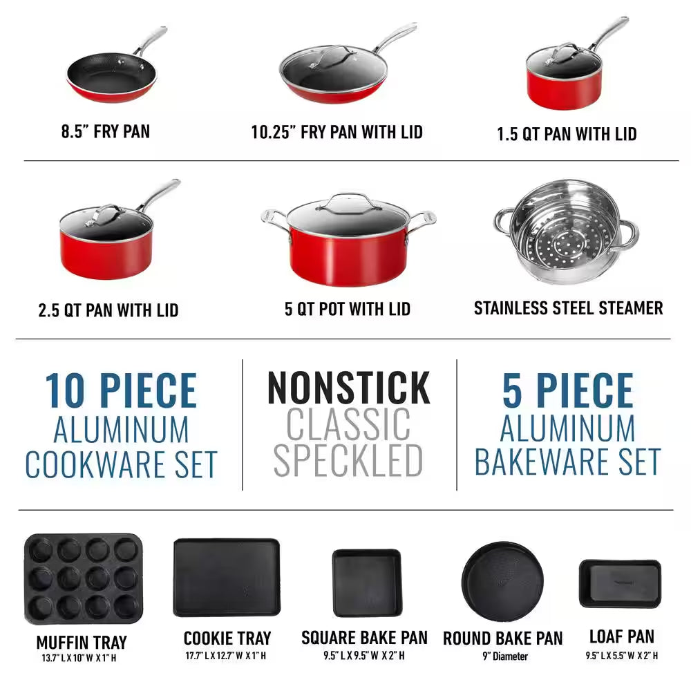 15-Piece Aluminum Ultra-Durable Non-Stick Diamond Infused Cookware and Bakeware Set in Red