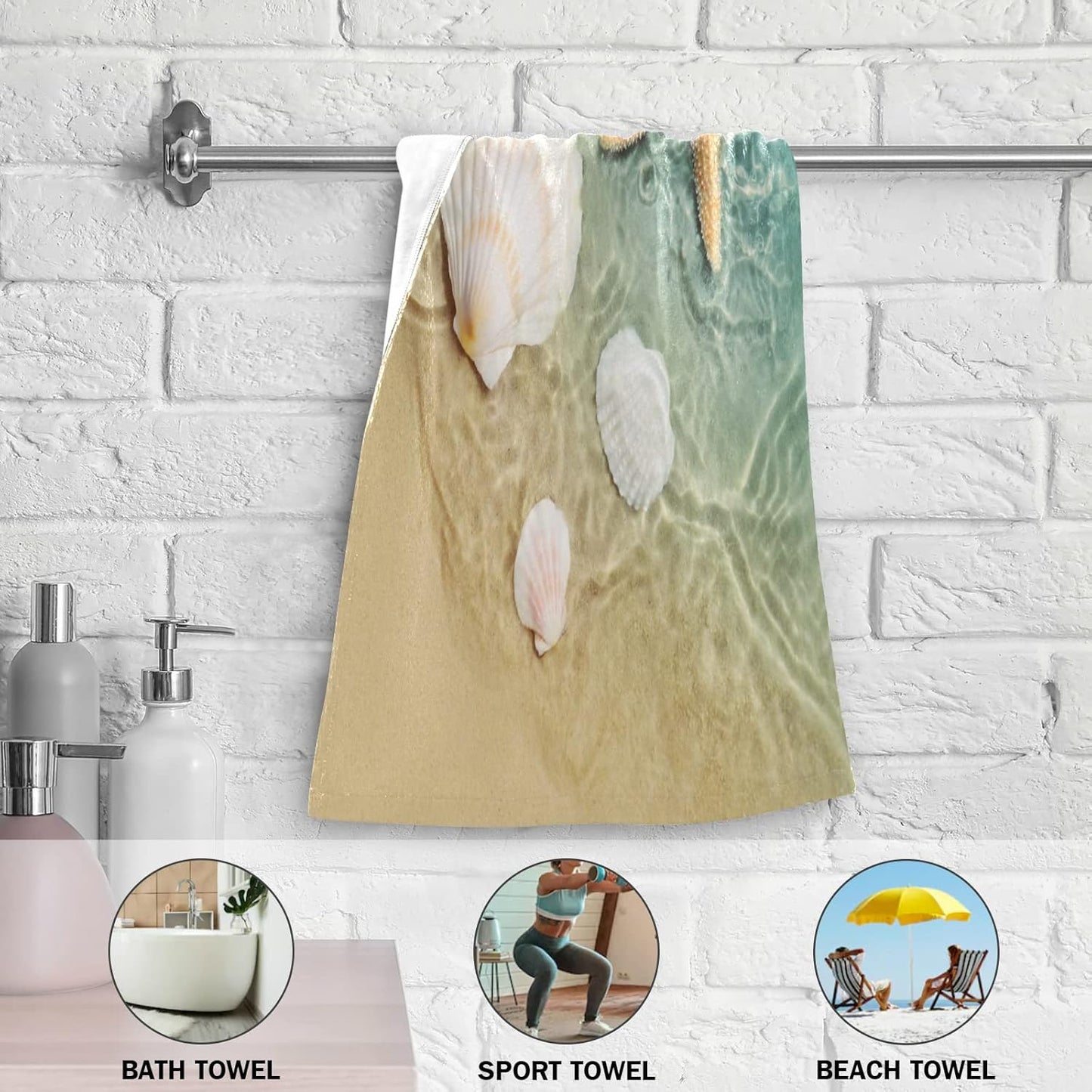 Starfish and Seashell Face Towel Set of 2, Summer Hand Towel Dish Towels Beach Towels Bath Kitchen Decor Set, 30X15