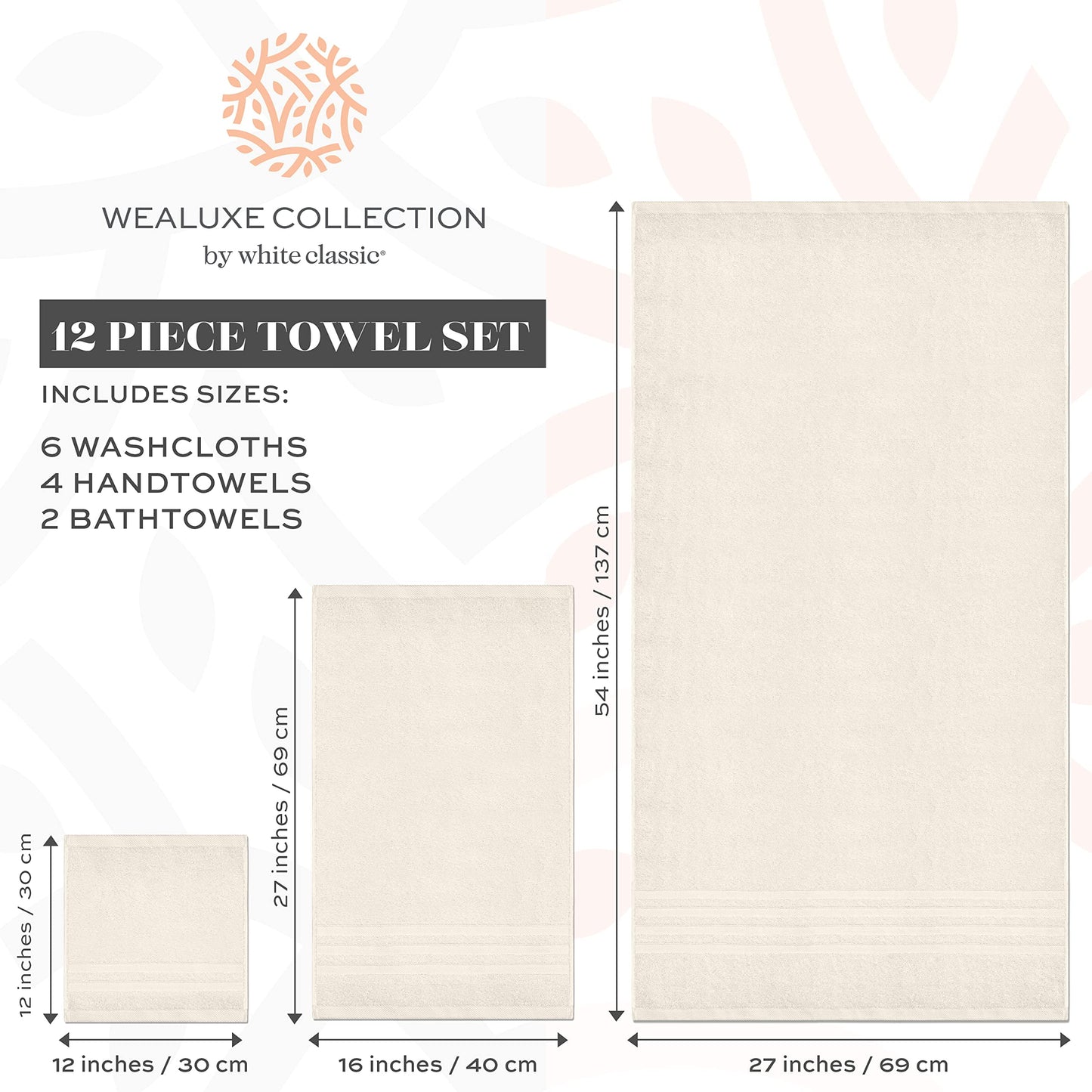 12 Piece Bath Towel Set for Bathroom - Wealuxe Collection 2 Bath Towels, 4 Hand Towels, 6 Washcloths 100% Cotton Soft and Plush Highly Absorbent, Soft Towel for Hotel & Spa - Ivory