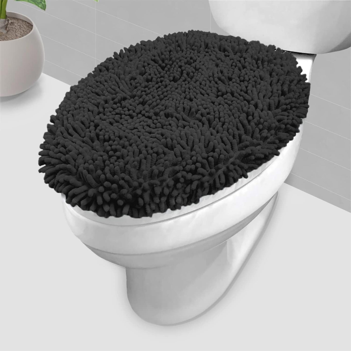 4-Piece Bathroom Rug Set - Soft Chenille Mats, Non-Slip Toilet Mat & Lid Cover for Comfort & Style (20X20 U, 16X24, 20X30 & 19X19 Inches, Black)