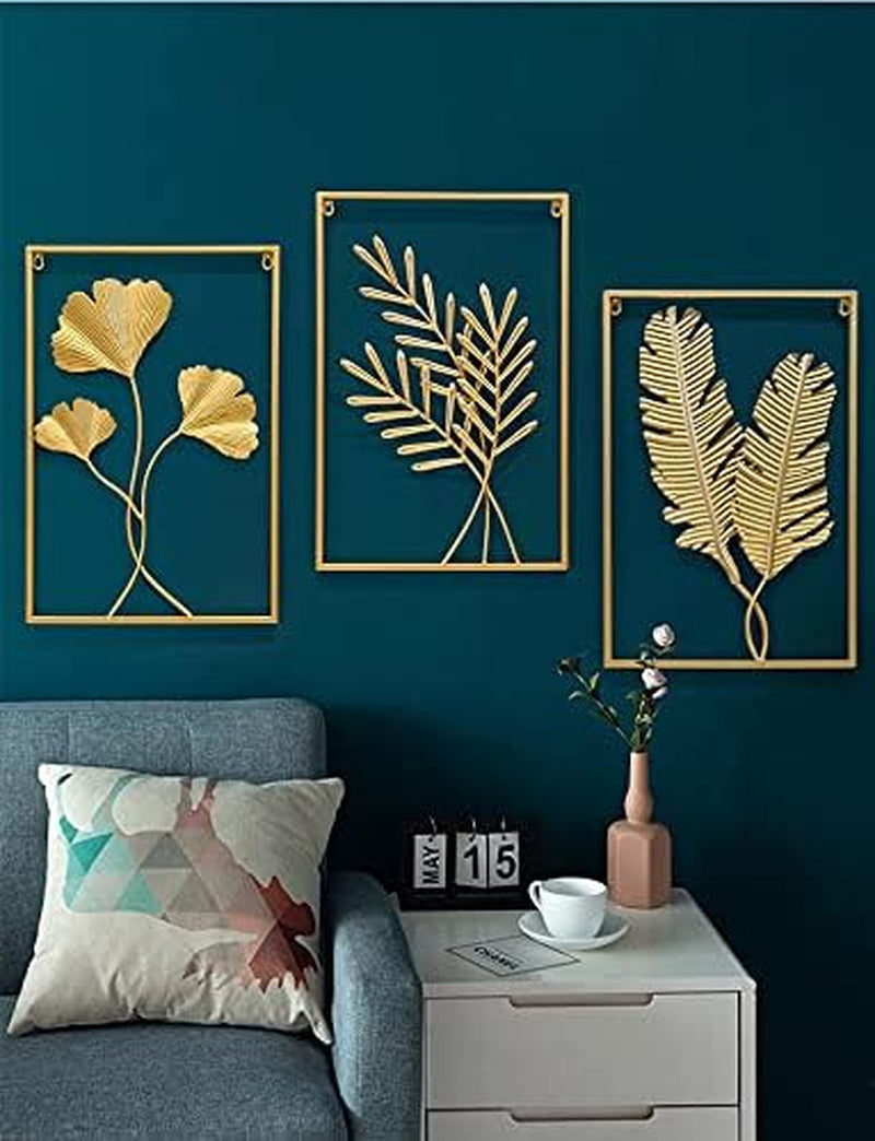 Gold Metal Wall Decor, 24" X 16" Gold Leaf Wall Decor with Frame, Golden Metal Ginkgo Leaf Wall Art Wall Sculpture for Living Room, Office, Home, Hotel