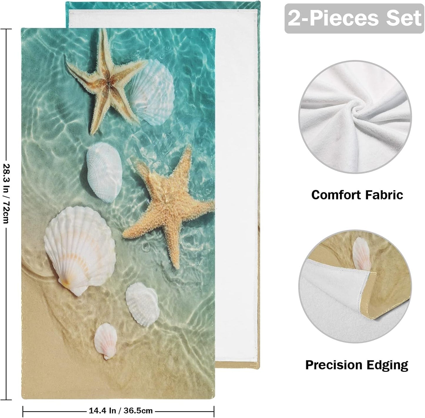Starfish and Seashell Face Towel Set of 2, Summer Hand Towel Dish Towels Beach Towels Bath Kitchen Decor Set, 30X15