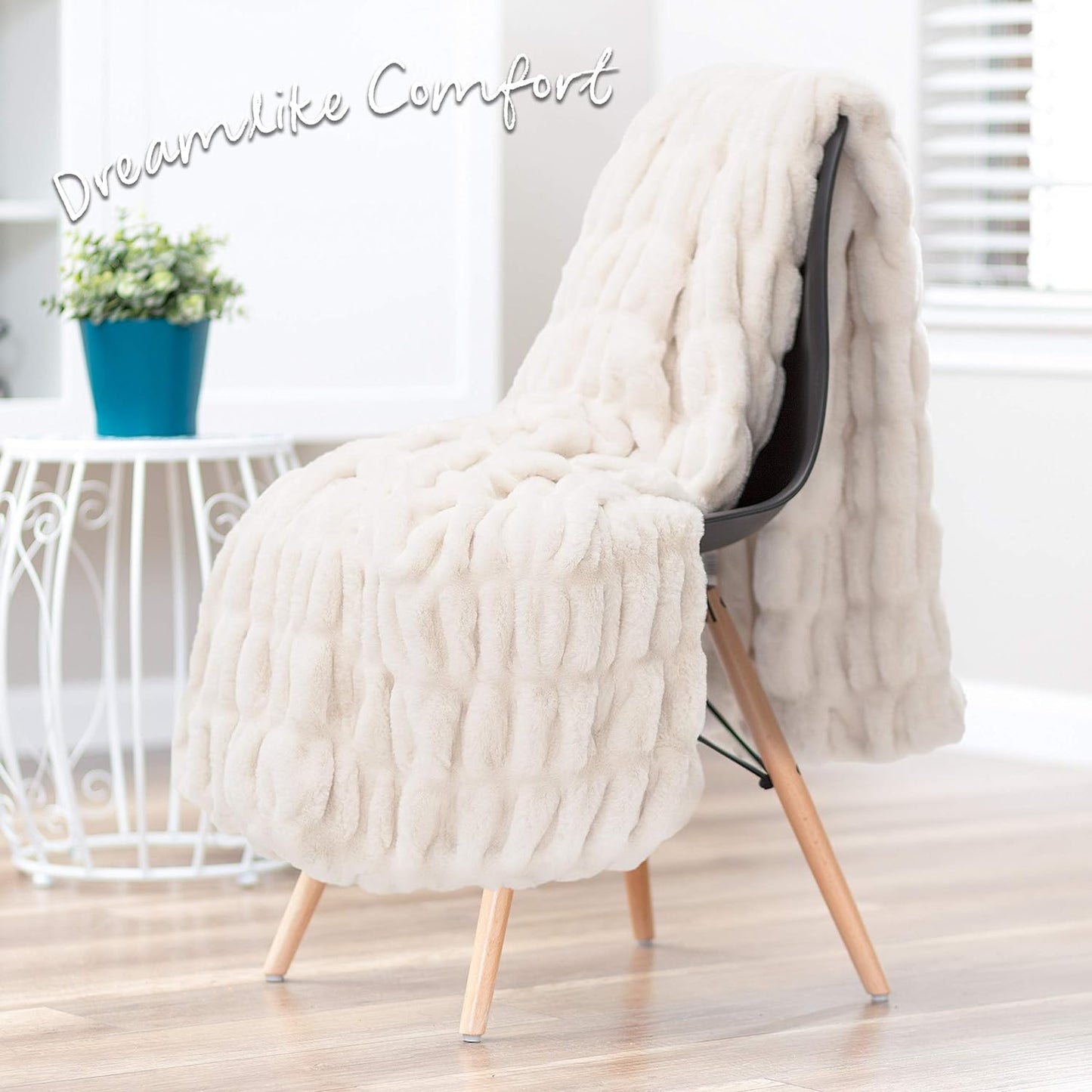 Premium Ruched Faux Fur Throw Blanket - Luxurious, Soft Reversible Mink Blanket - 50" X 65” - Cloud