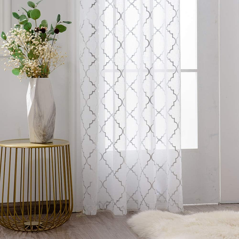 White and Silver Sheer Curtains 84 Inches Long Rod Pocket Moroccan Shiny Metallic Print Voile for Living Room 2 Panel W52 X L84 Inches