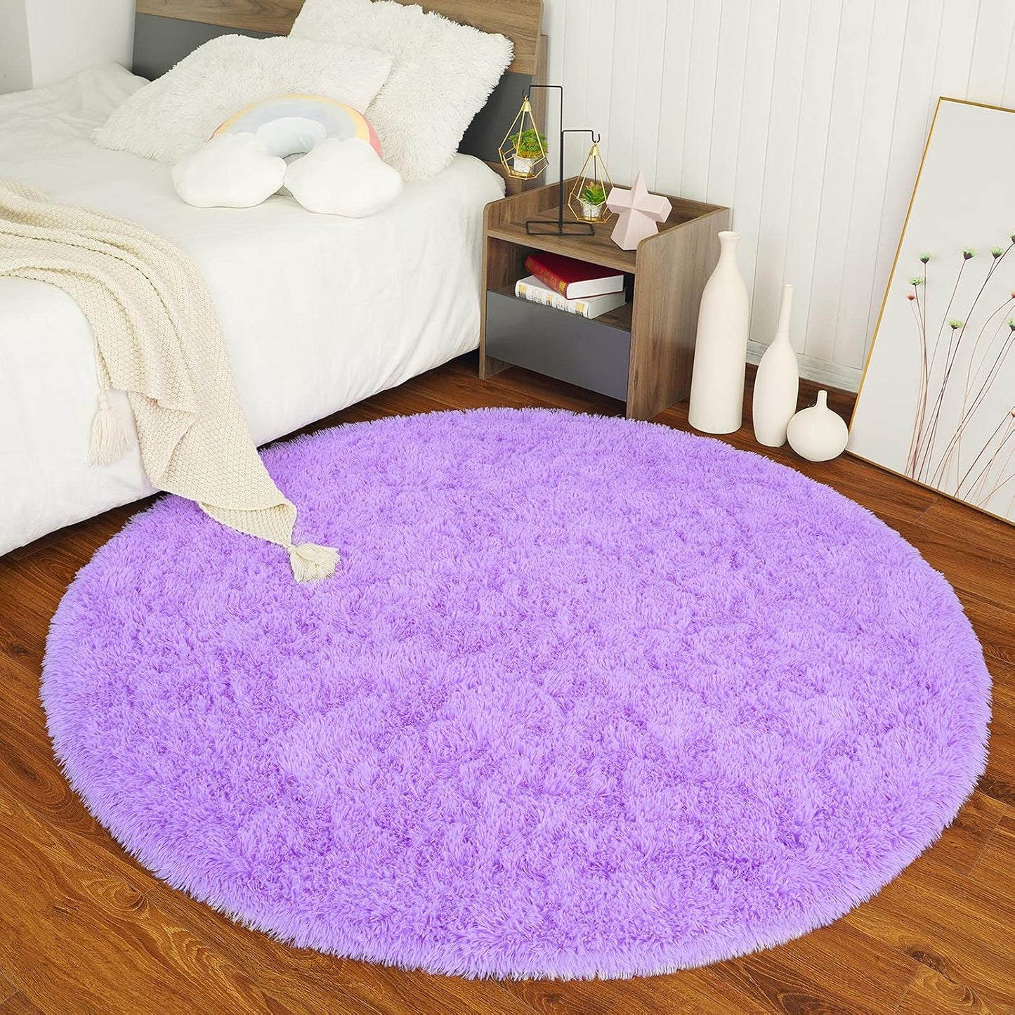 Fluffy round Rug for Kids Room, Soft Circle Area Rugs for Girls Bedroom, Cute Princess Castle Nursery Rug Shaggy Circular Carpet for Teens Girls Baby Bedroom Home Decor, 5 X 5 Feet Purple