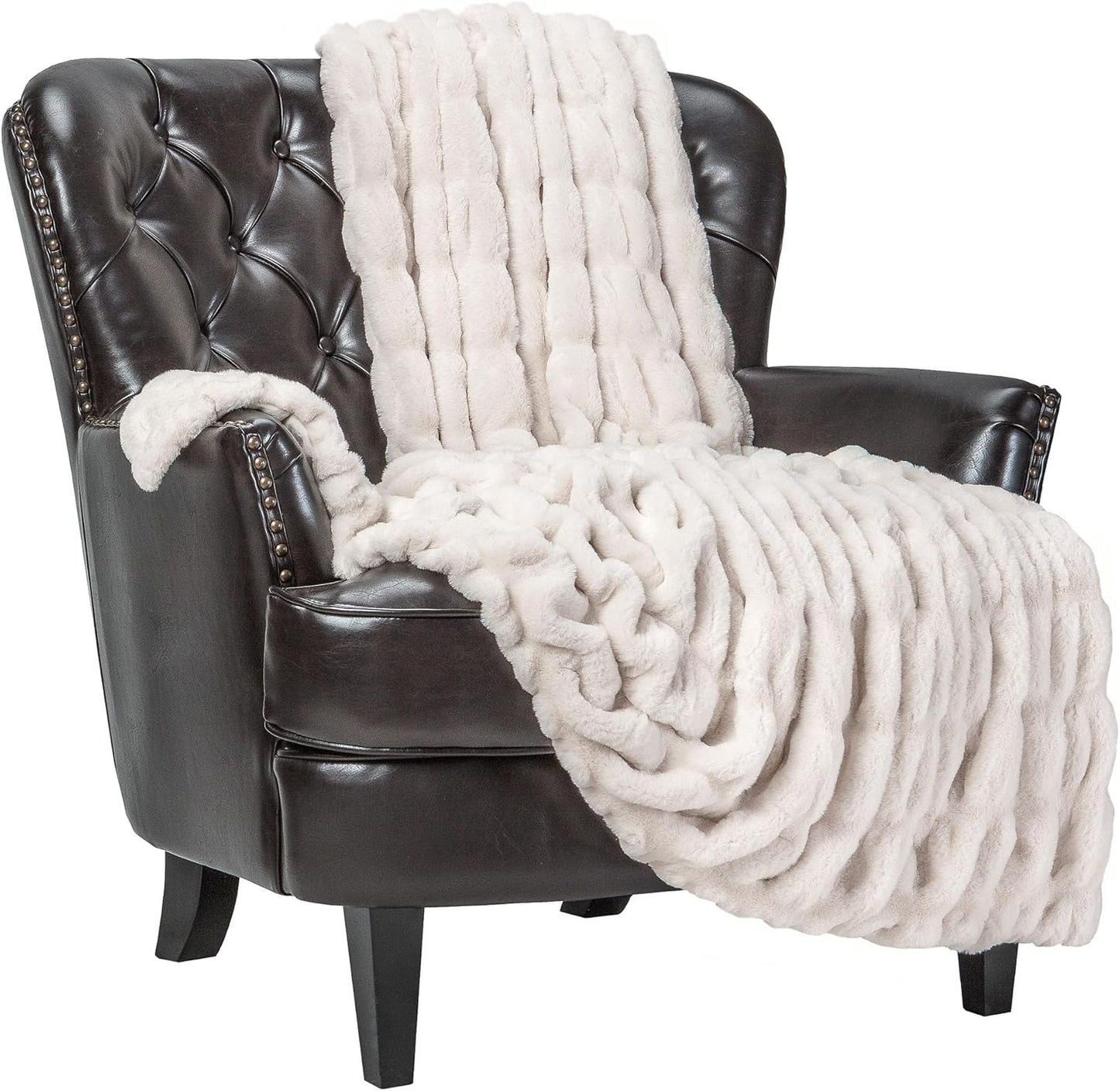 Premium Ruched Faux Fur Throw Blanket - Luxurious, Soft Reversible Mink Blanket - 50" X 65” - Cloud