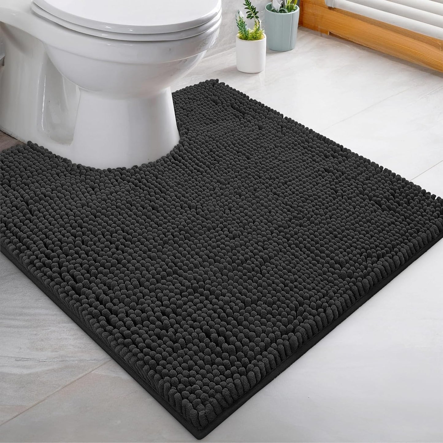 4-Piece Bathroom Rug Set - Soft Chenille Mats, Non-Slip Toilet Mat & Lid Cover for Comfort & Style (20X20 U, 16X24, 20X30 & 19X19 Inches, Black)