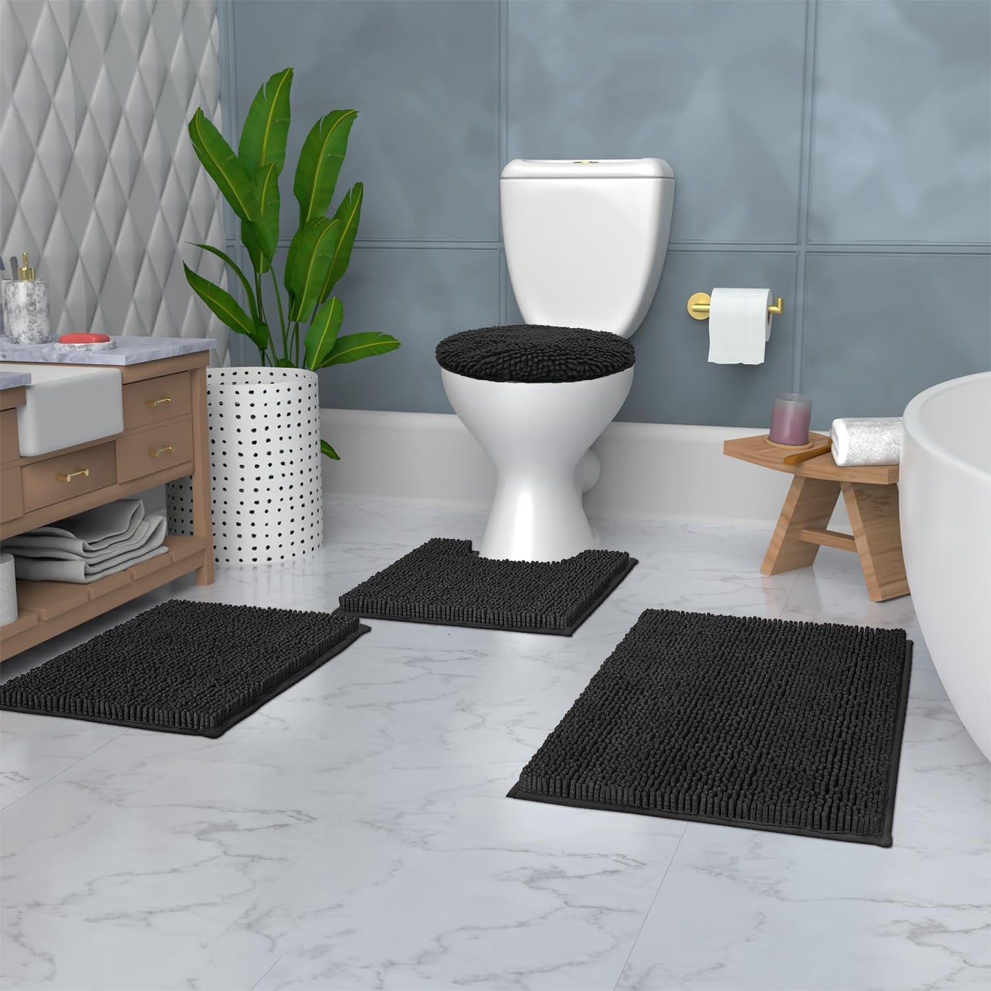 4-Piece Bathroom Rug Set - Soft Chenille Mats, Non-Slip Toilet Mat & Lid Cover for Comfort & Style (20X20 U, 16X24, 20X30 & 19X19 Inches, Black)