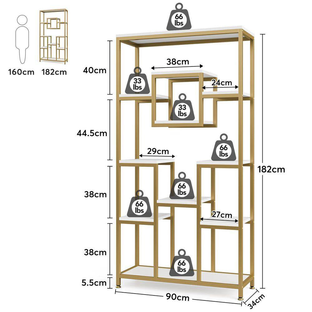 Frailey 71 In. Gold White Tall 11-Tier Large Open Display Bookshelf Geometric Cubed Bookcase Modern Storage Home Office