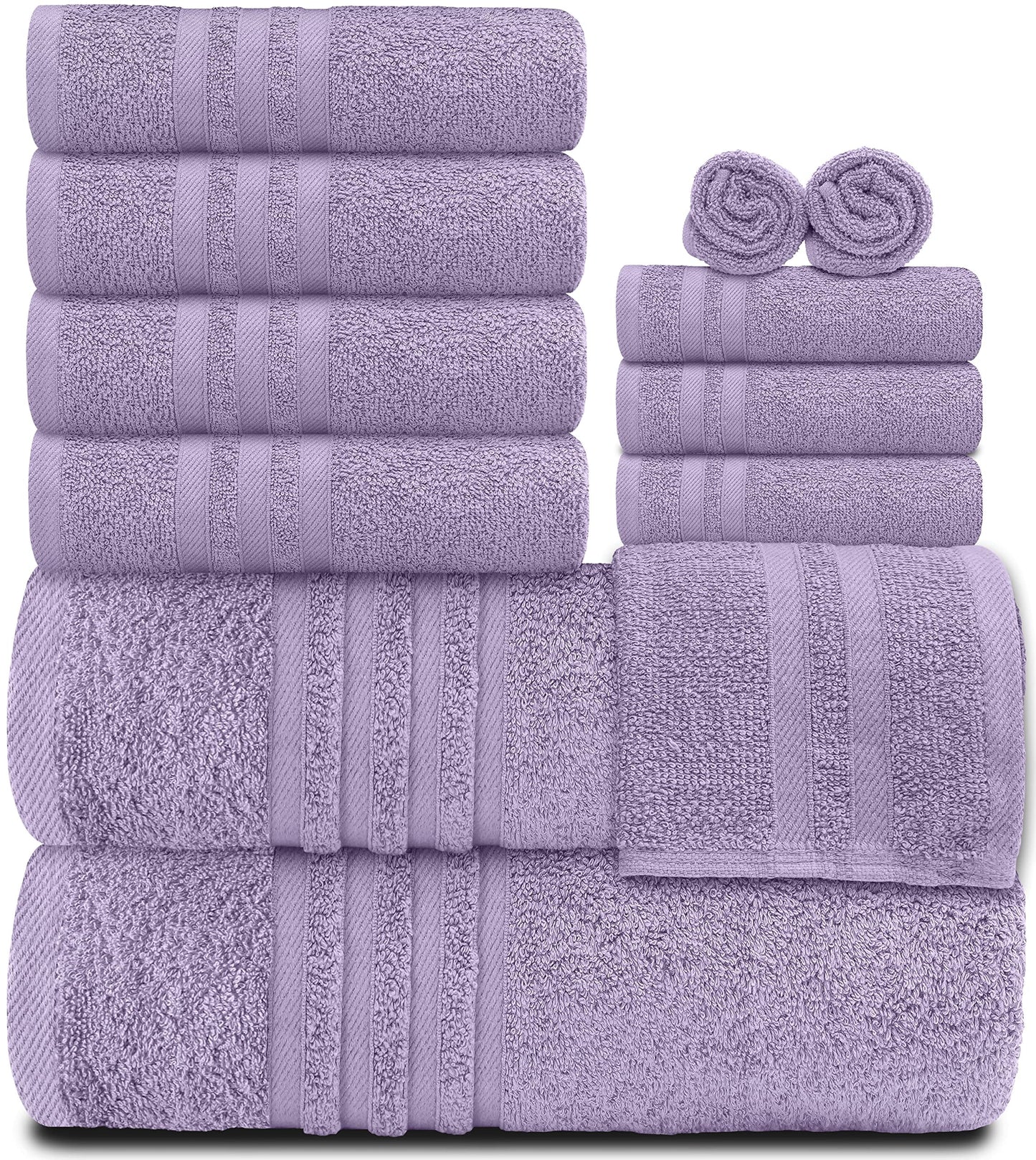 12 Piece Bath Towel Set for Bathroom - Wealuxe Collection 2 Bath Towels, 4 Hand Towels, 6 Washcloths 100% Cotton Soft and Plush Highly Absorbent, Soft Towel for Hotel & Spa - Lavender