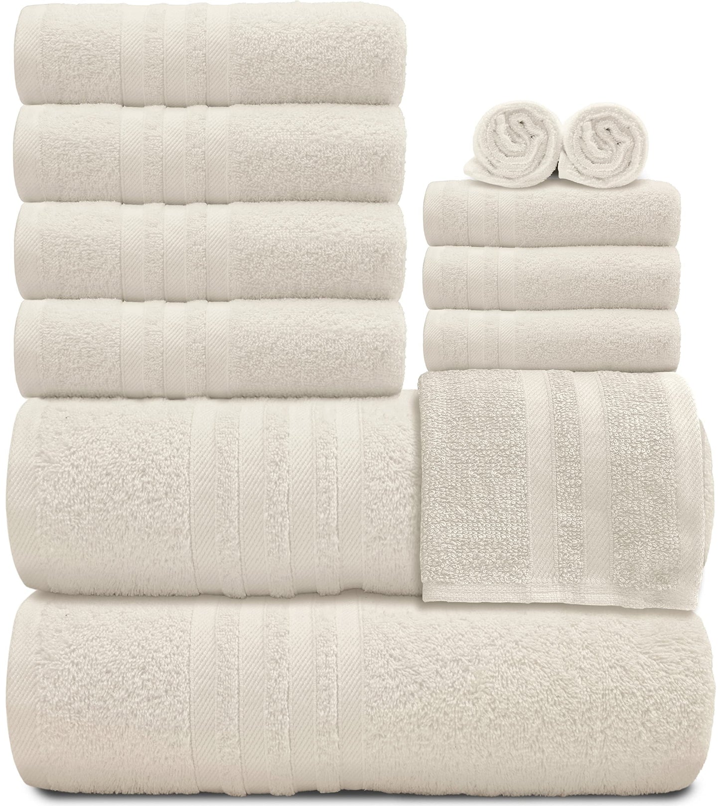 12 Piece Bath Towel Set for Bathroom - Wealuxe Collection 2 Bath Towels, 4 Hand Towels, 6 Washcloths 100% Cotton Soft and Plush Highly Absorbent, Soft Towel for Hotel & Spa - Ivory