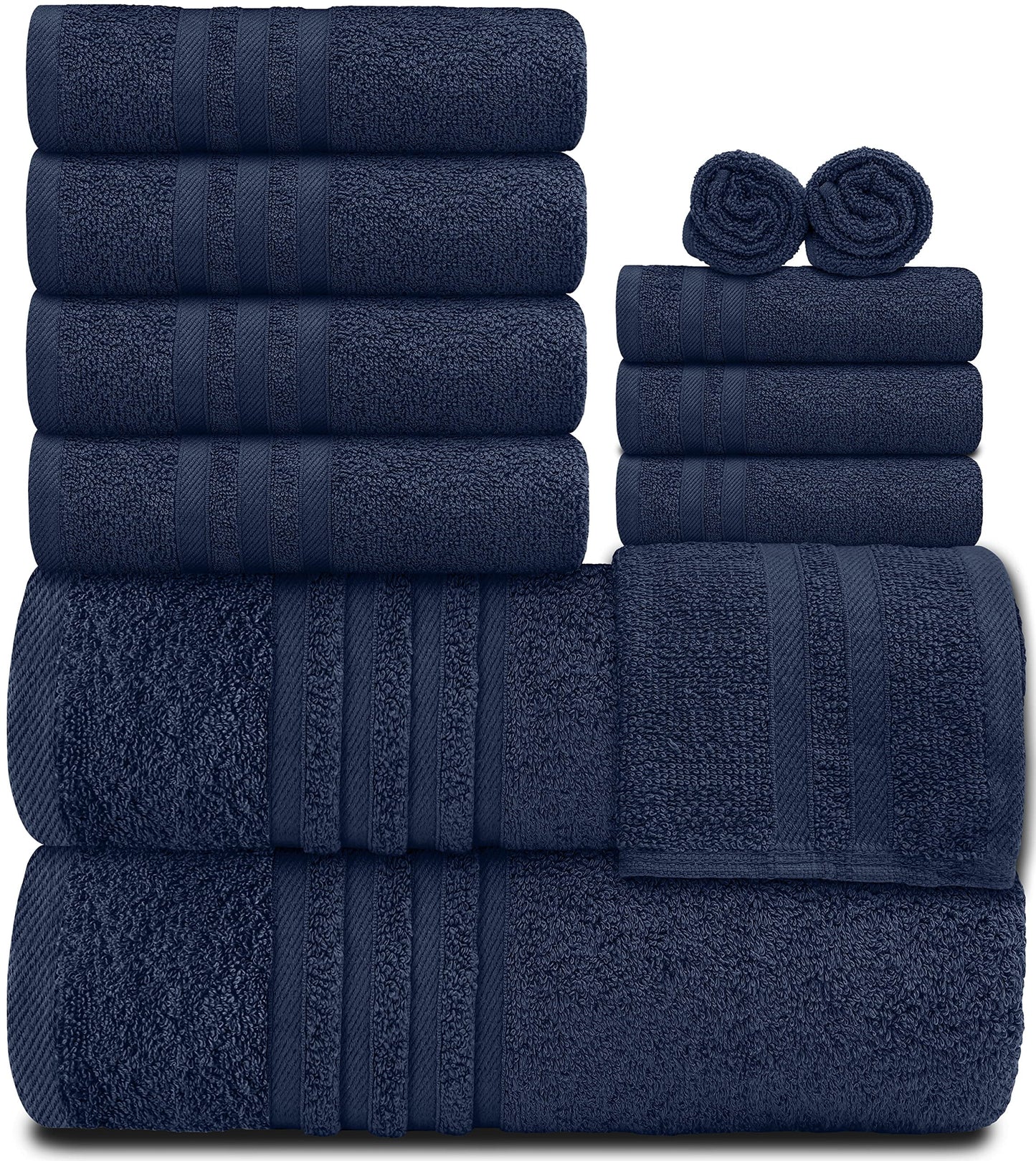 12 Piece Bath Towel Set for Bathroom - Wealuxe Collection 2 Bath Towels, 4 Hand Towels, 6 Washcloths 100% Cotton Soft and Plush Highly Absorbent, Soft Towel for Hotel & Spa - Navy