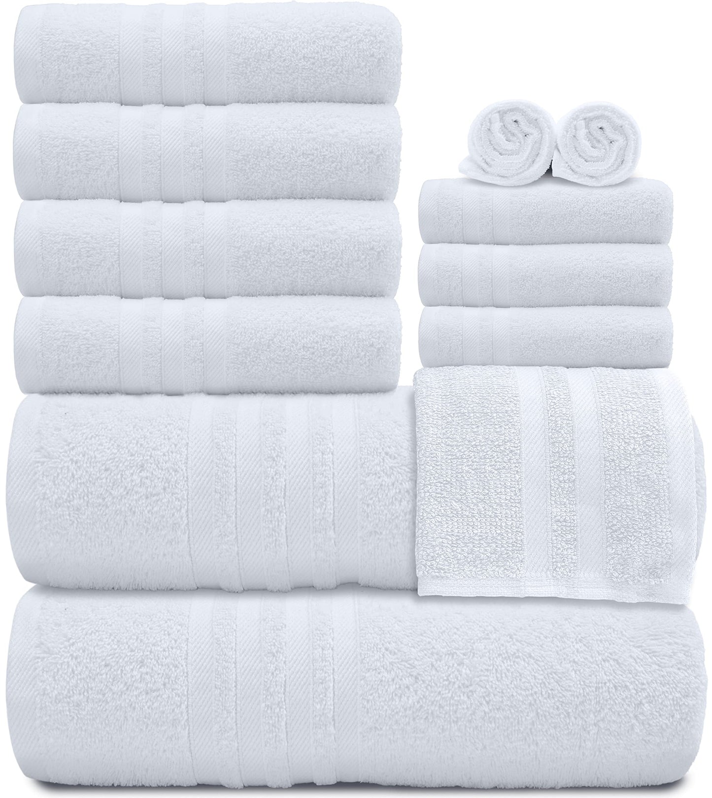12 Piece Bath Towel Set for Bathroom - Wealuxe Collection 2 Bath Towels, 4 Hand Towels, 6 Washcloths 100% Cotton Soft and Plush Highly Absorbent, Soft Towel for Hotel & Spa - White