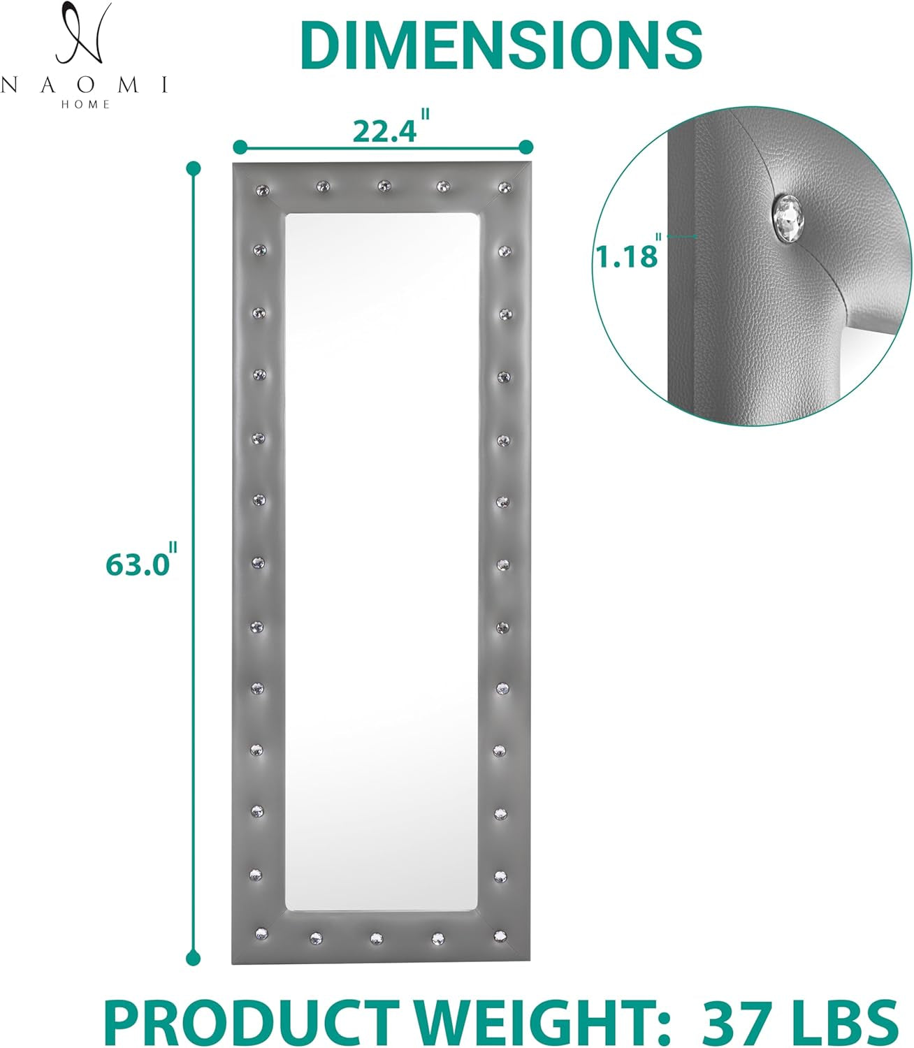 Crystal Tufted Floor Mirror Full Length, 63" LX22 W Wall Mirror, Standing Mirror,Wall Mirror with Faux Wood Frame, Full Length Mirrors for Bedroom - Gray