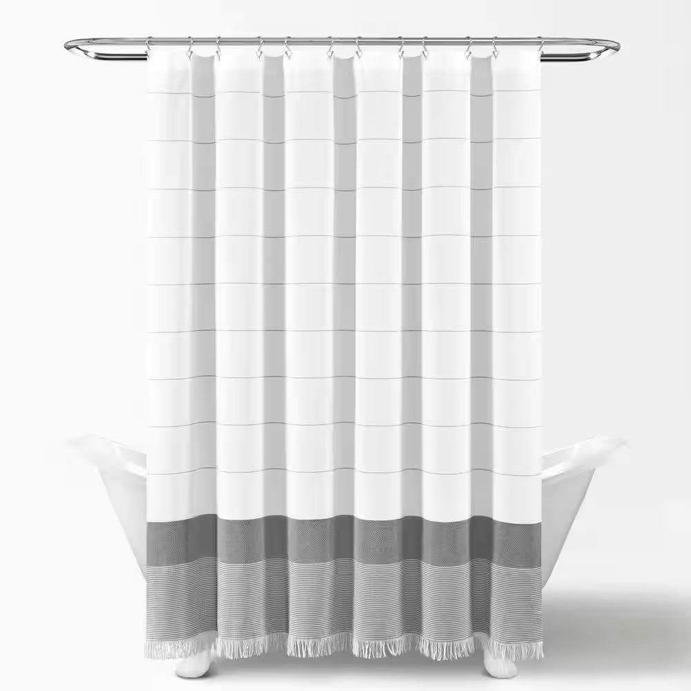 72 In. X 72 In. Gray Stripe Yarn Dyed Tassel Fringe Woven Cotton Shower Curtain