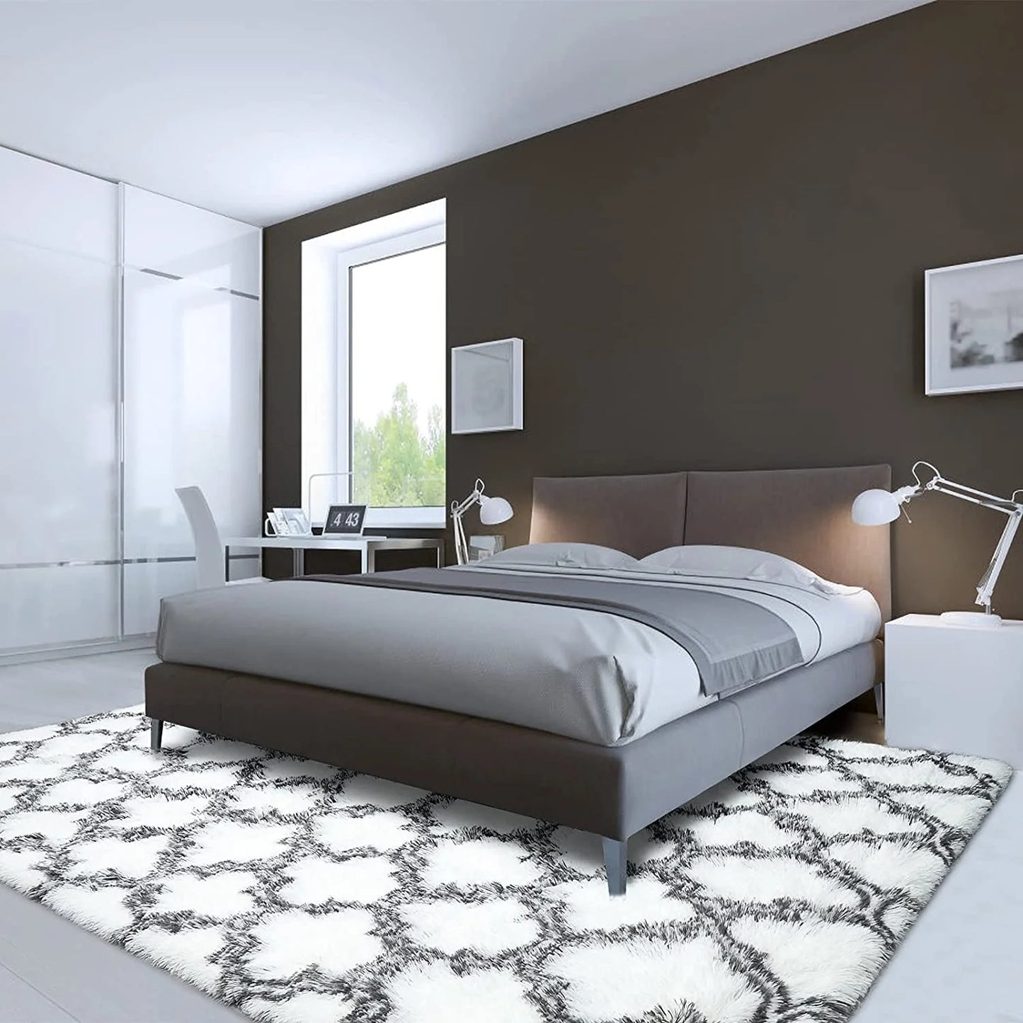 Shag Geometric Area Rug Plush Fluffy Rugs Soft Moroccan Carpets for Bedroom Living Room Home Decor Mat,6'X9',White/Black