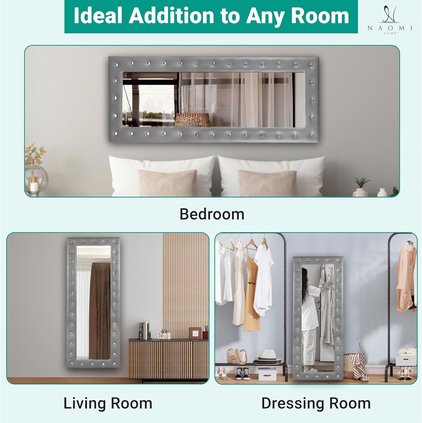 Crystal Tufted Floor Mirror Full Length, 63" LX22 W Wall Mirror, Standing Mirror,Wall Mirror with Faux Wood Frame, Full Length Mirrors for Bedroom - Gray