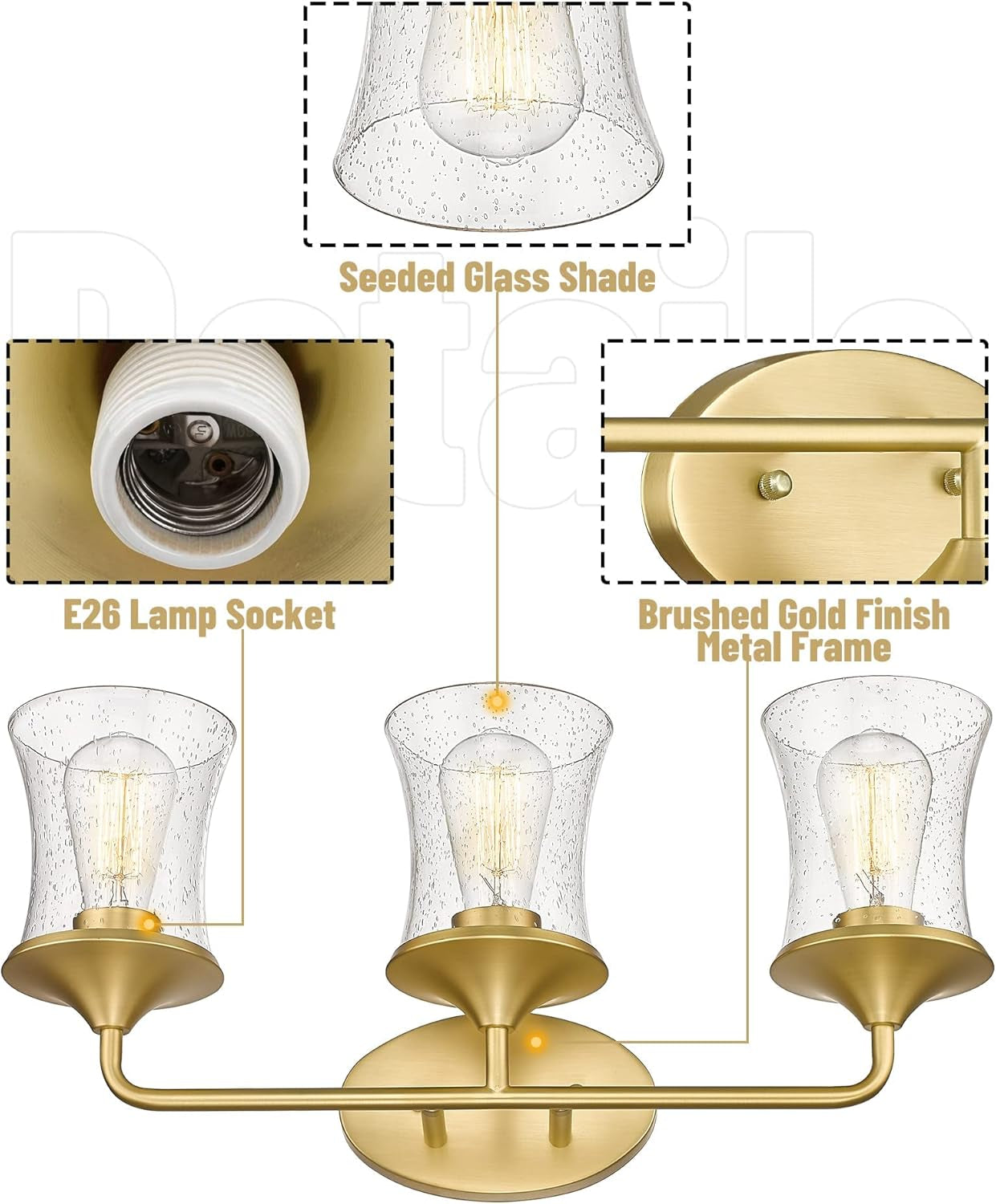 Brushed Gold Bathroom Light Fixtures, Vanity Lights for Bathroom with Seeded Glass Shade for Bathroom